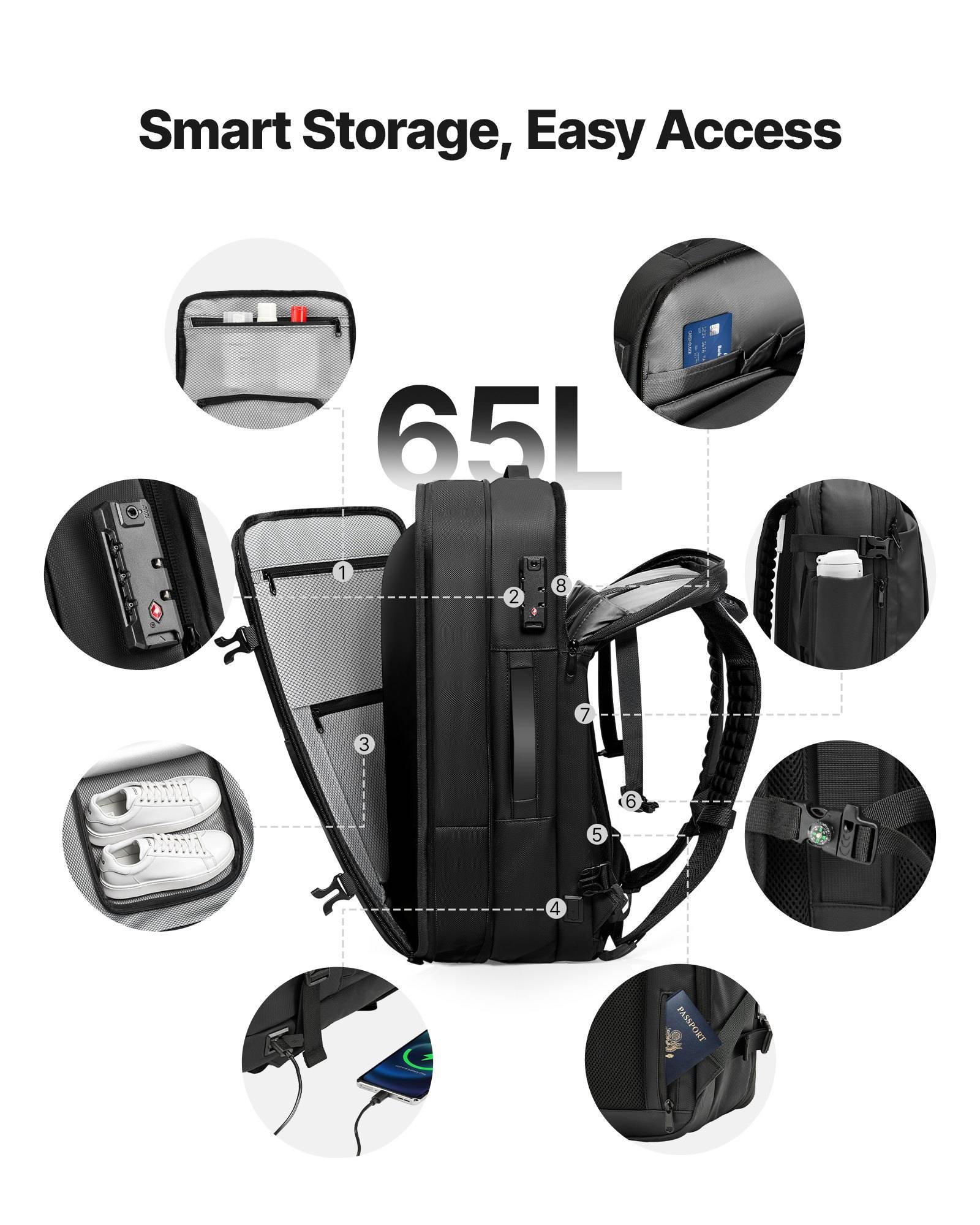 VEVOR Vakuum-Rucksack, 65 L, erweiterbarer Vakuumkompressions-Reiserucksack, mit TSA-zugelassenem Schloss, mehreren Taschenfächern