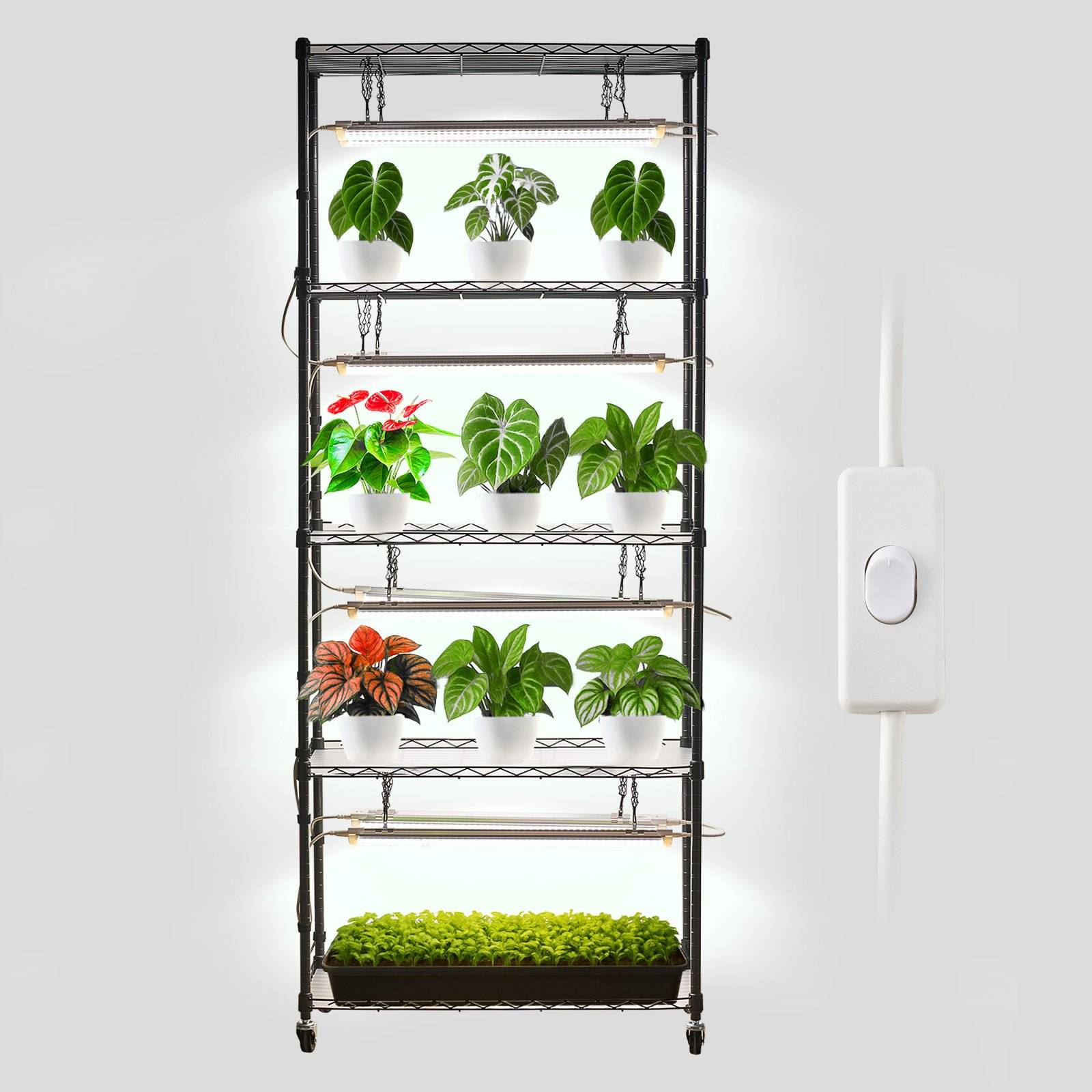 VEVOR DIY-Pflanzenregal mit Wachstumslichtern, Pflanzenständer mit Rädern, 192 W 5000 K Vollspektrum-Lichter, Pflanzenregal aus Metall, Blumenregal