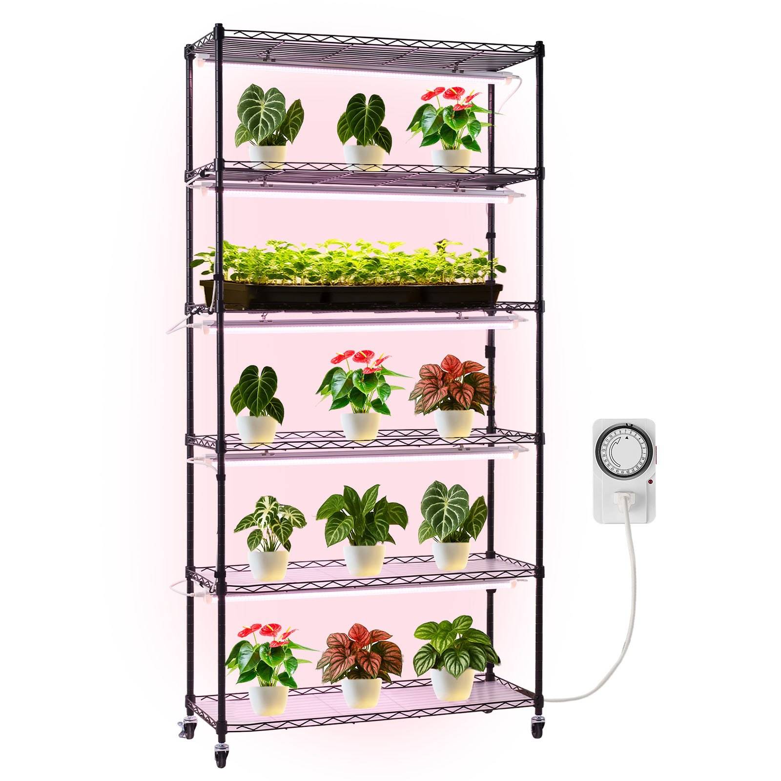 VEVOR Pflanzenregal mit Wachstumslichtern, 6-stufiger Pflanzenständer für Zimmerpflanzen mit Rädern & Timer, 150W 3800K Vollspektrum Licht, Metall-
