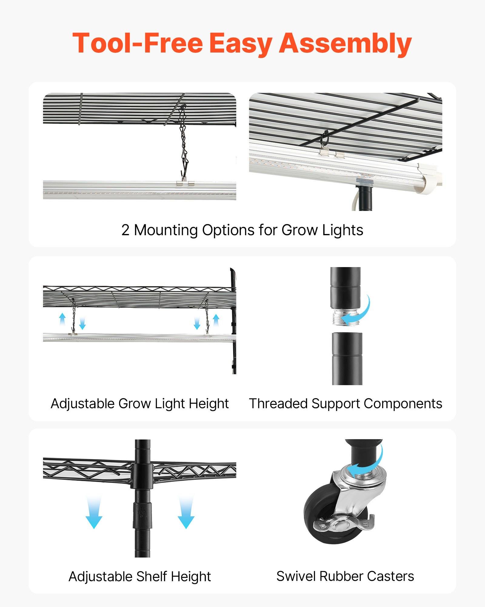 VEVOR Pflanzenregal mit Wachstumslichtern, 6-stufiger Pflanzenständer für Zimmerpflanzen mit Rädern &amp; Timer, 150W 3800K Vollspektrum Licht, Metall-