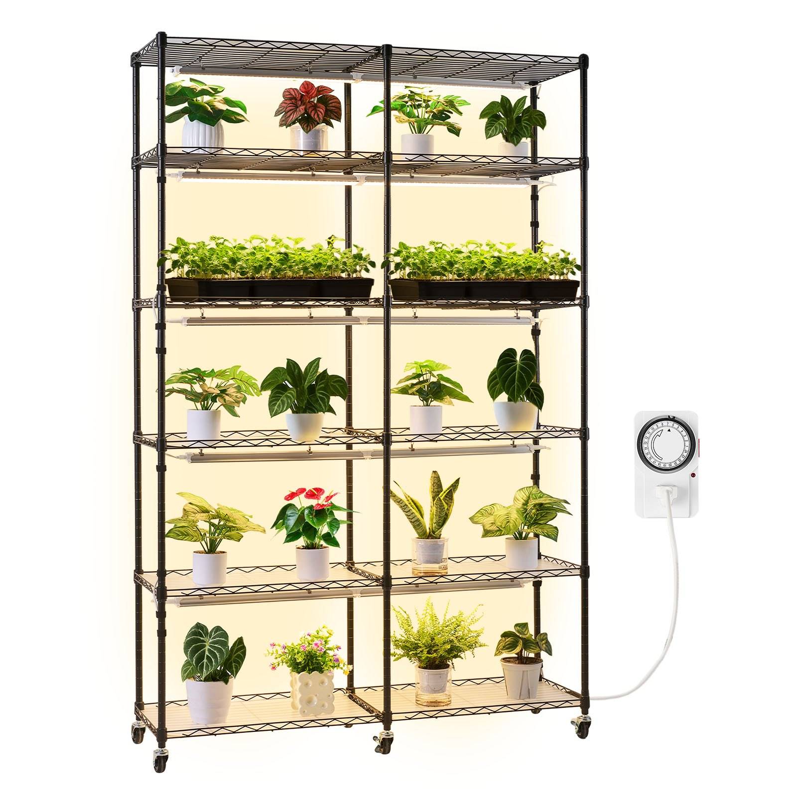 VEVOR Pflanzenregal mit Wachstumslicht, 6-stufiger doppelreihiger Pflanzenständer für Zimmerpflanzen mit Rädern & Timer, 200-W-Vollspektrum-Lichter