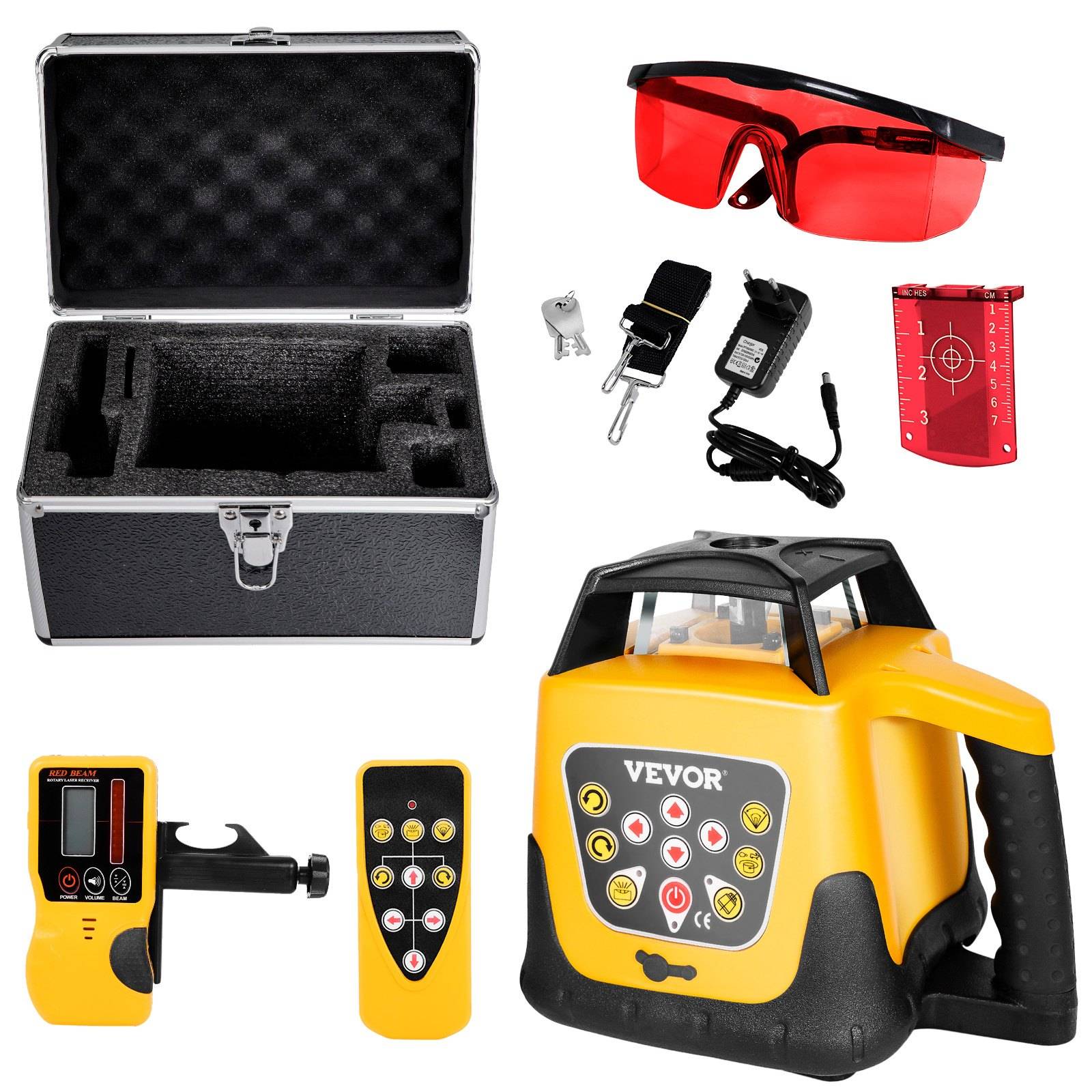 VEVOR Rotationslaser-Wasserwaagen-Set mit Stativ & Messlatte, roter Strahl, 300 m Reichweite, Neigung einstellbar, 360-Grad-Drehung, flexibler