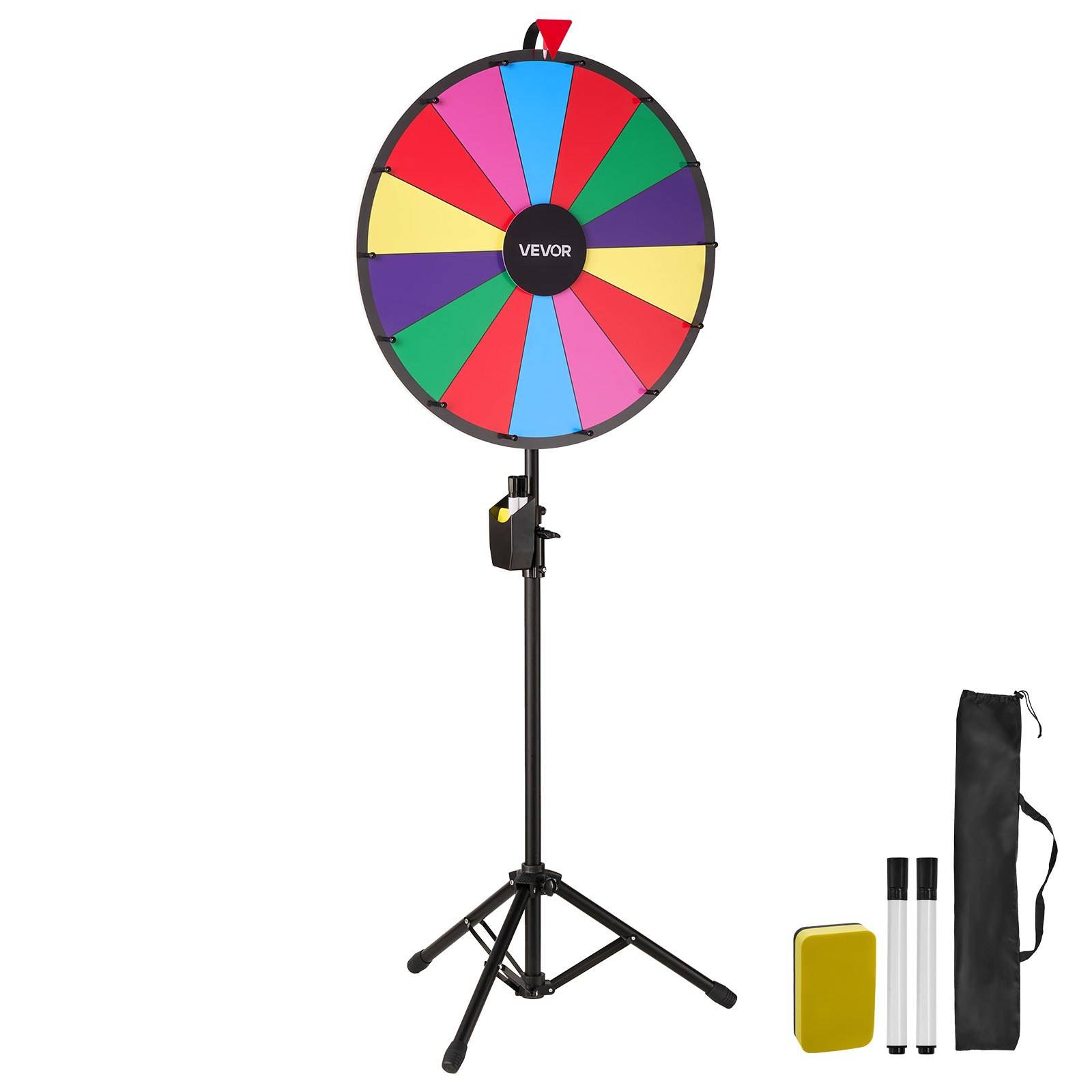 VEVOR Glücksrad Drehrad (61 cm) 14 Slots Glücksrad mit Stativ, höhenverstellbar, Lotteriespiele Gewinn-Roulette mit Tafelschwamm & 2 Markern, 6 Far