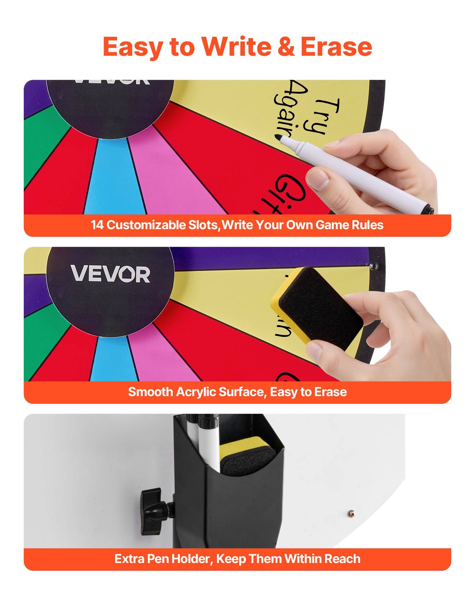 VEVOR Glücksrad Drehrad (61 cm) 14 Slots Glücksrad mit Stativ, höhenverstellbar, Lotteriespiele Gewinn-Roulette mit Tafelschwamm &amp; 2 Markern, 6 Far