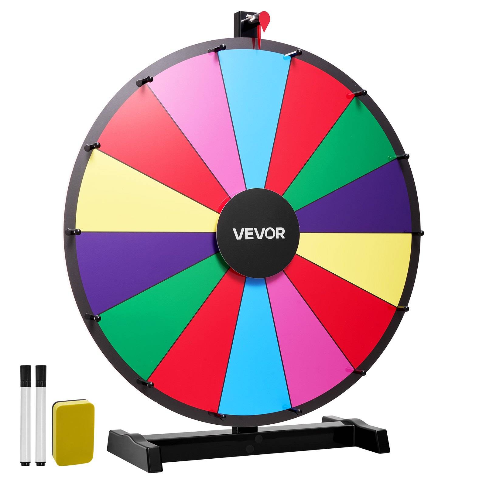 VEVOR Glücksrad Drehrad (61 cm) 14 Slots Glücksrad mit Ständer, Lotteriespiele Gewinn-Roulette mit Tafelschwamm & 2 Markern, 6 Farben, Spinning Pri