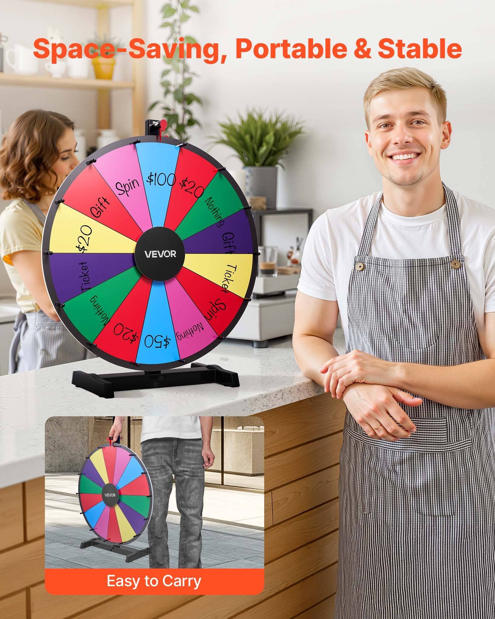 VEVOR Glücksrad Drehrad (61 cm) 14 Slots Glücksrad mit Ständer, Lotteriespiele Gewinn-Roulette mit Tafelschwamm &amp; 2 Markern, 6 Farben, Spinning Pri