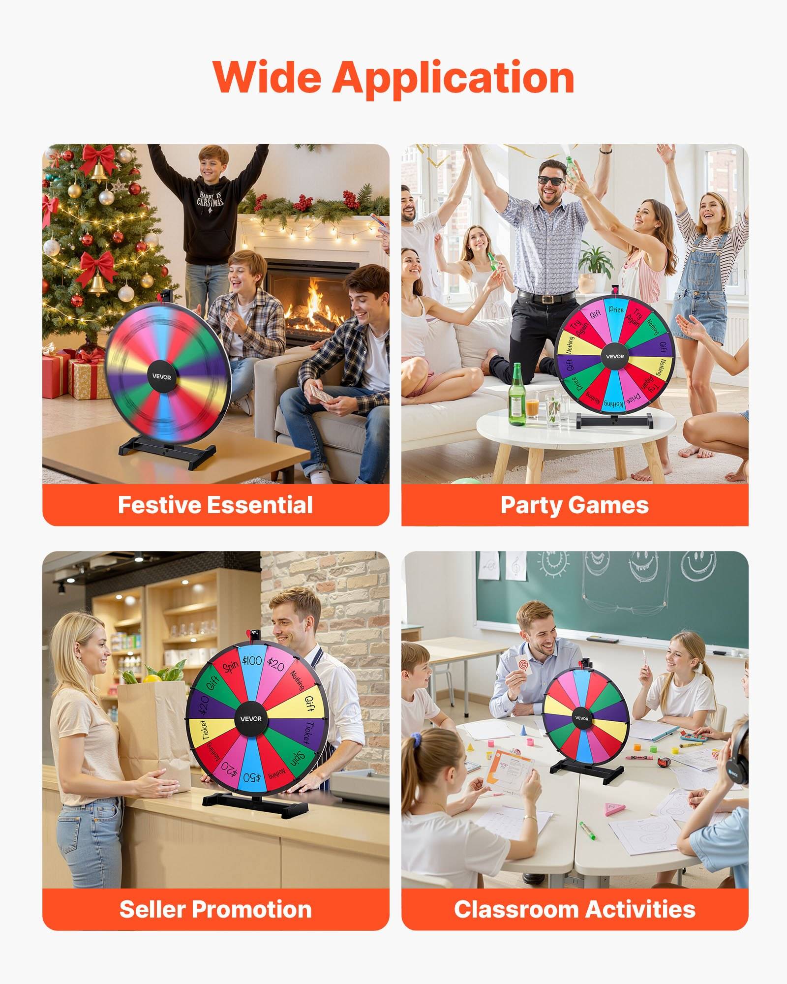 VEVOR Glücksrad Drehrad (61 cm) 14 Slots Glücksrad mit Ständer, Lotteriespiele Gewinn-Roulette mit Tafelschwamm &amp; 2 Markern, 6 Farben, Spinning Pri
