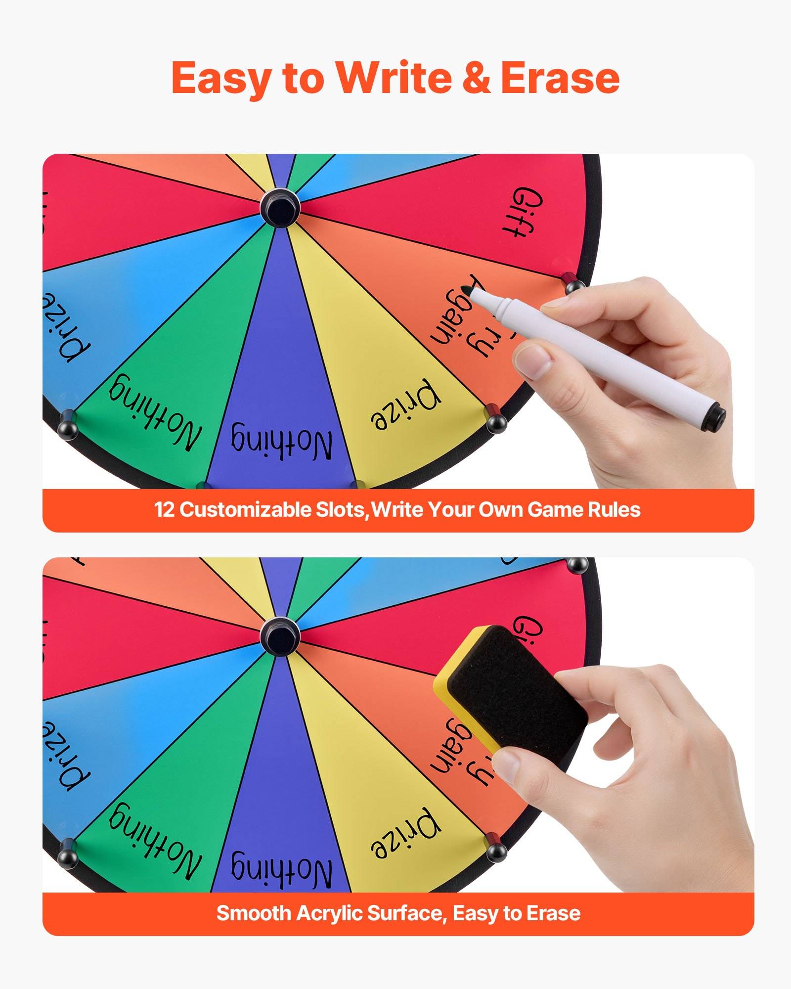 VEVOR Glücksrad Drehrad (305 mm) 12 Slots Glücksrad mit Ständer, Lotteriespiele Gewinn-Roulette mit Tafelschwamm und 2 Markern, 6 Farben, Spinning