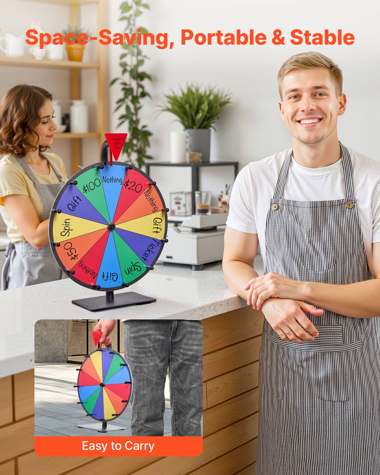 VEVOR Glücksrad Drehrad (305 mm) 12 Slots Glücksrad mit Ständer, Lotteriespiele Gewinn-Roulette mit Tafelschwamm und 2 Markern, 6 Farben, Spinning