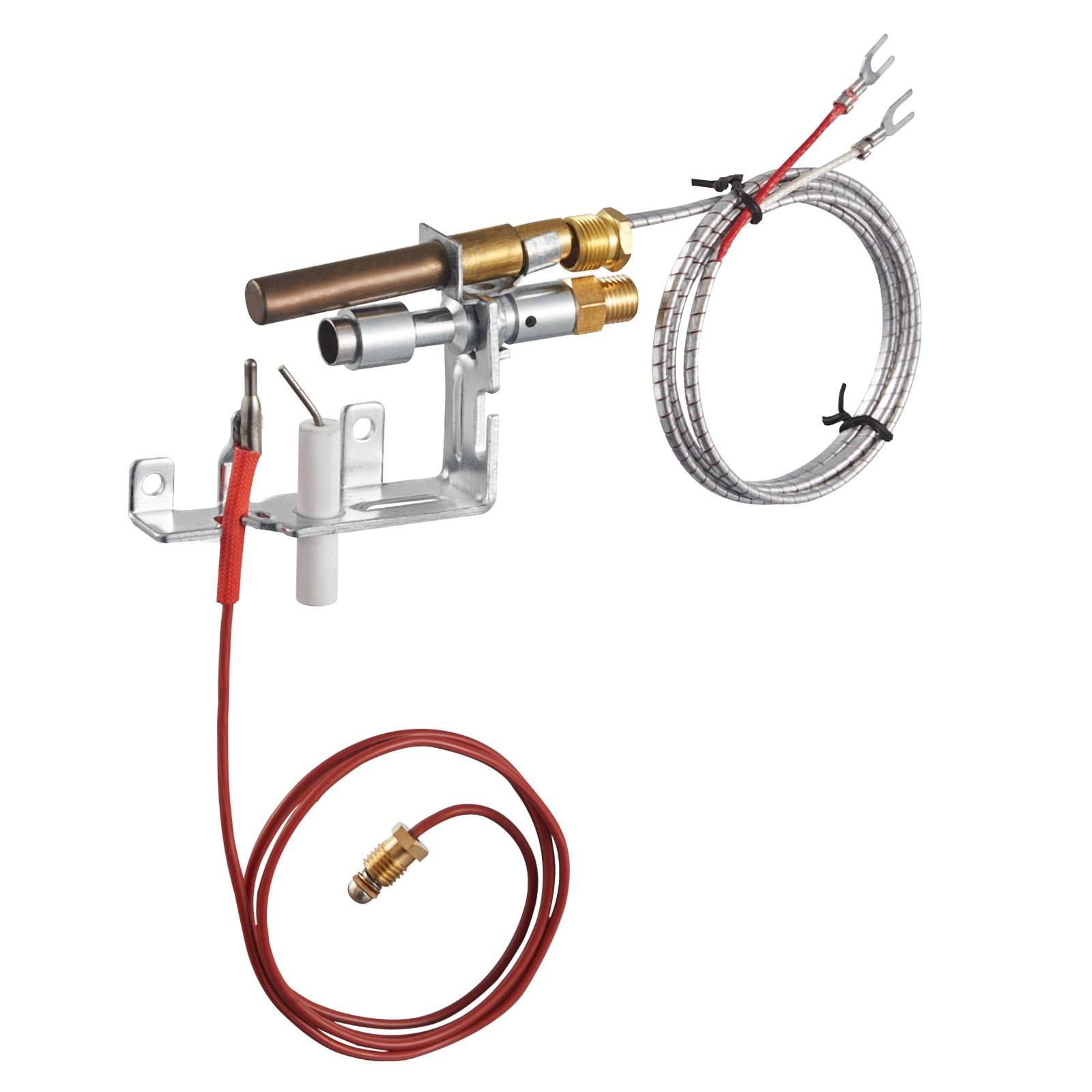Gasbrenner-Baugruppe mit montierter Metallhalterung, geflochtener Schlaifenschleife und rotem Zünderkabel, isoliert auf weißem Hintergrund dargestellt.