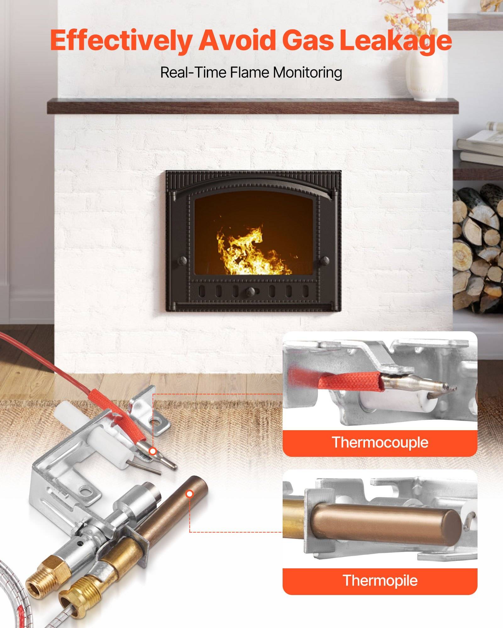 # Infografik eines Gaskamins mit der Überschrift „Gasaustritt wirksam vermeiden" und „Echtzeitüberwachung der Flamme"", die Thermoelement- und Thermosäulen-Sicherheitssensoren zeigt.