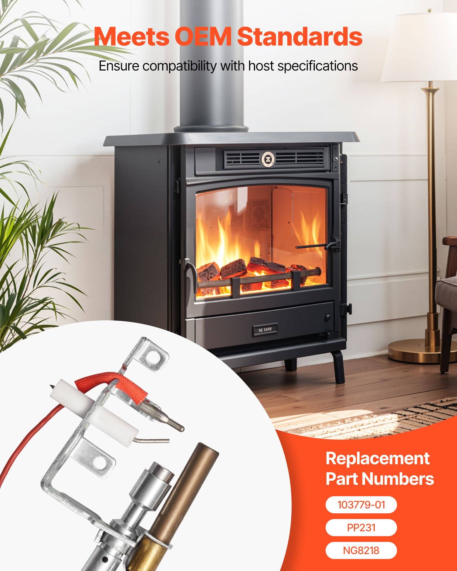 Holzofen neben einem brennenden Kamin mit Text „Erfüllt OEM-Standards" und „Ersatzteilnummern"" mit Auflistung 103779-01, PP231 und NG8218.
