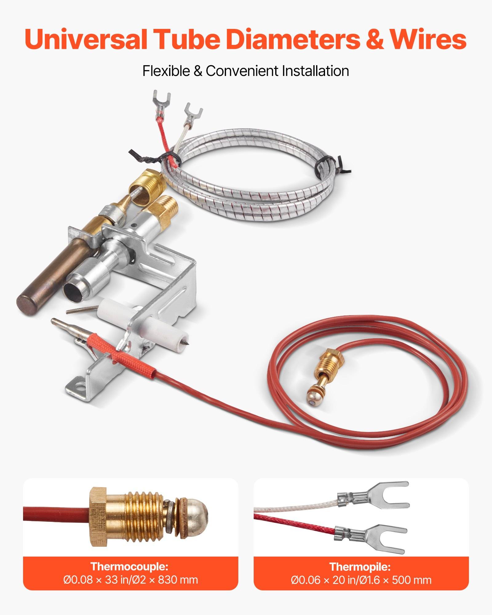 Werbegrafik für „Universal-Rohrdurchmesser & Drähte" mit einem Installationswerkzeug und aufgewickeltem Rohr/Draht, plus zwei gekennzeichnete Beispiele für Thermoelement- und Thermosäulen-Durchmesser und Längen.