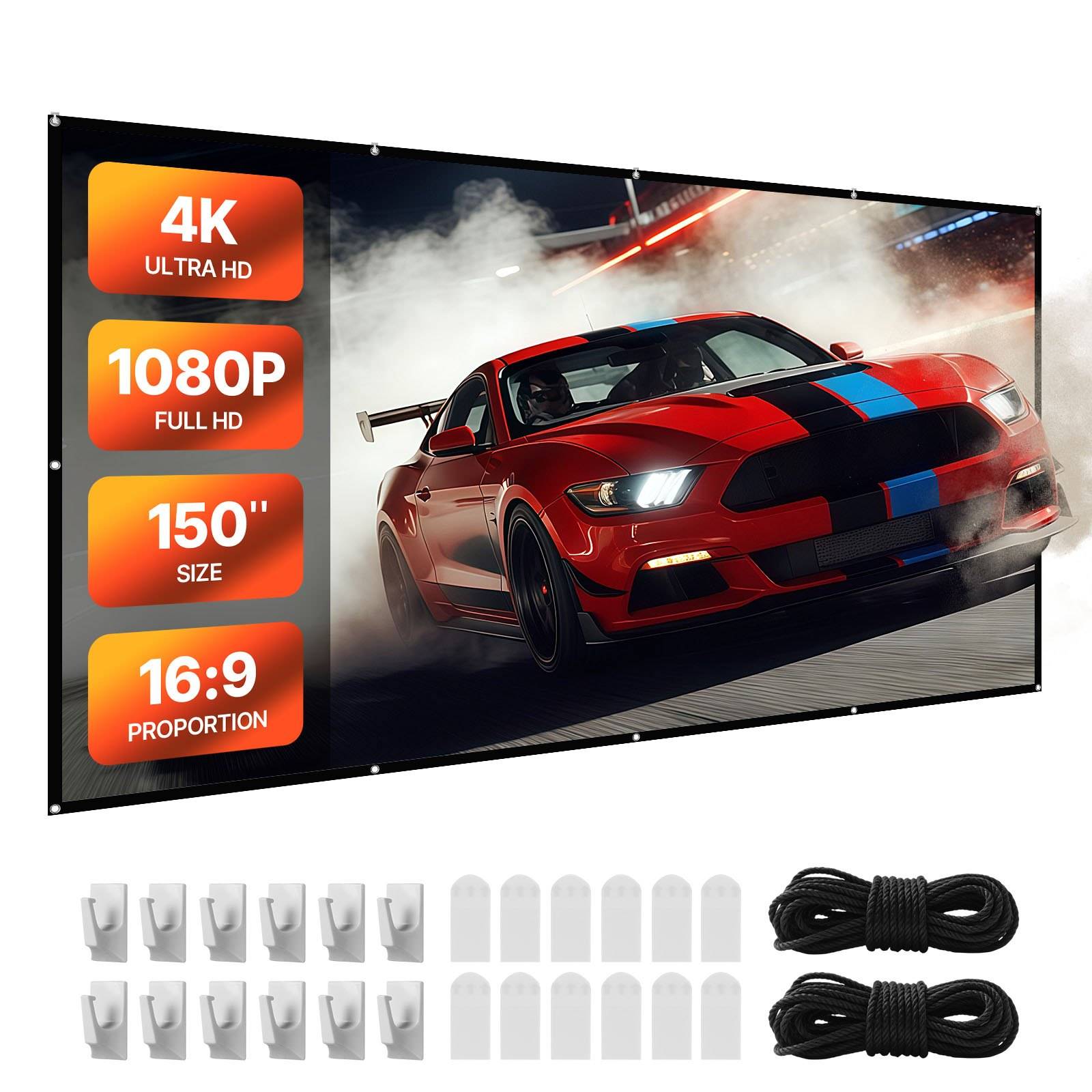 150-Zoll-Projektionsleinwand im 16:9-Format mit einem roten Sportwagen beim Driften, mit Beschriftungen für 4K Ultra HD und 1080P Full HD, sowie unten abgebildete Montagehardware und Kabel.