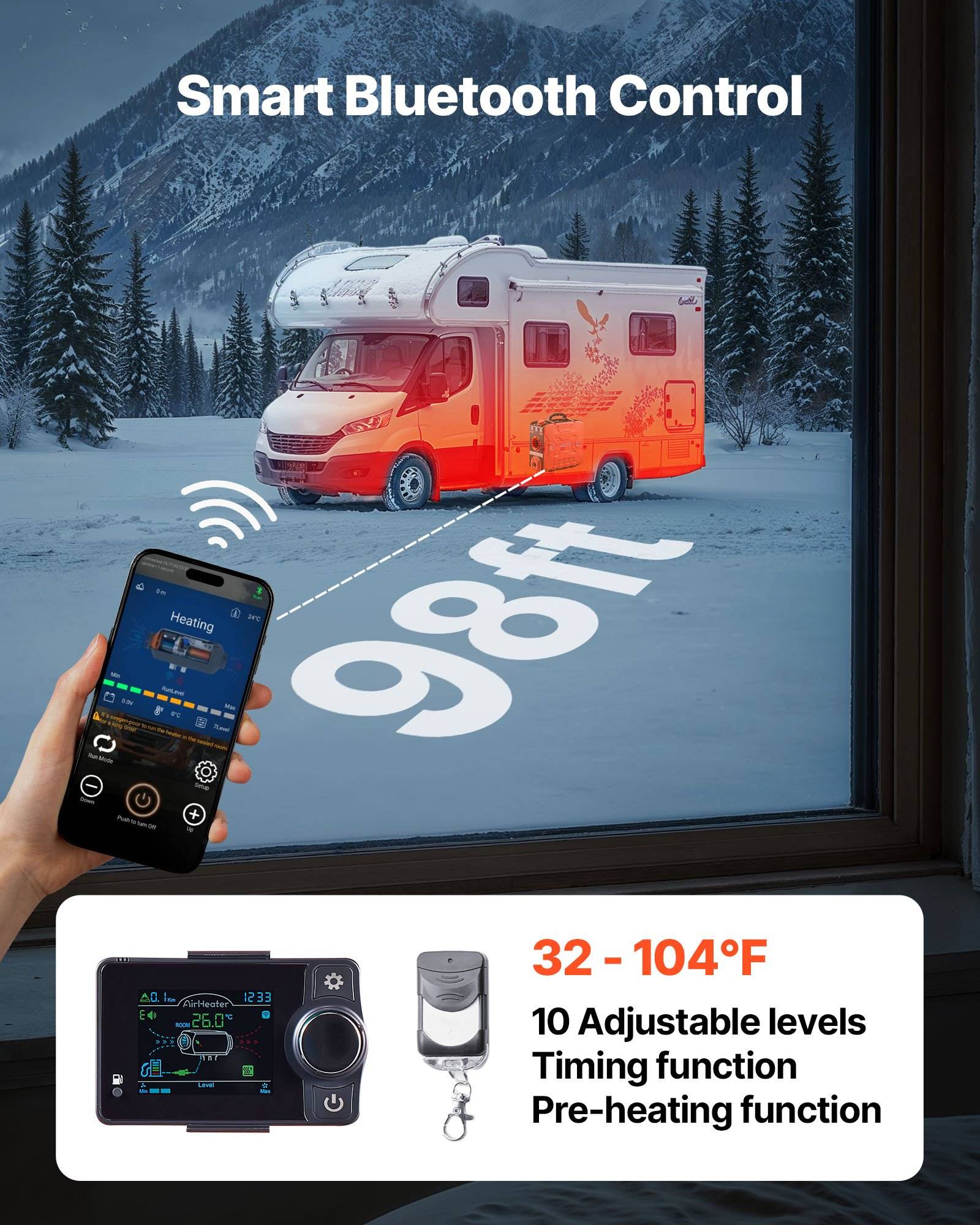 Intelligente Bluetooth-Steuerung für RV-Heizung auf einem Smartphone angezeigt, mit drahtloser Verbindung zu einem Wohnmobil im Schnee; unteres Bedienfeld listet 32-104°F, 10 einstellbare Stufen, Zeit- und Vorheizfunktionen auf.