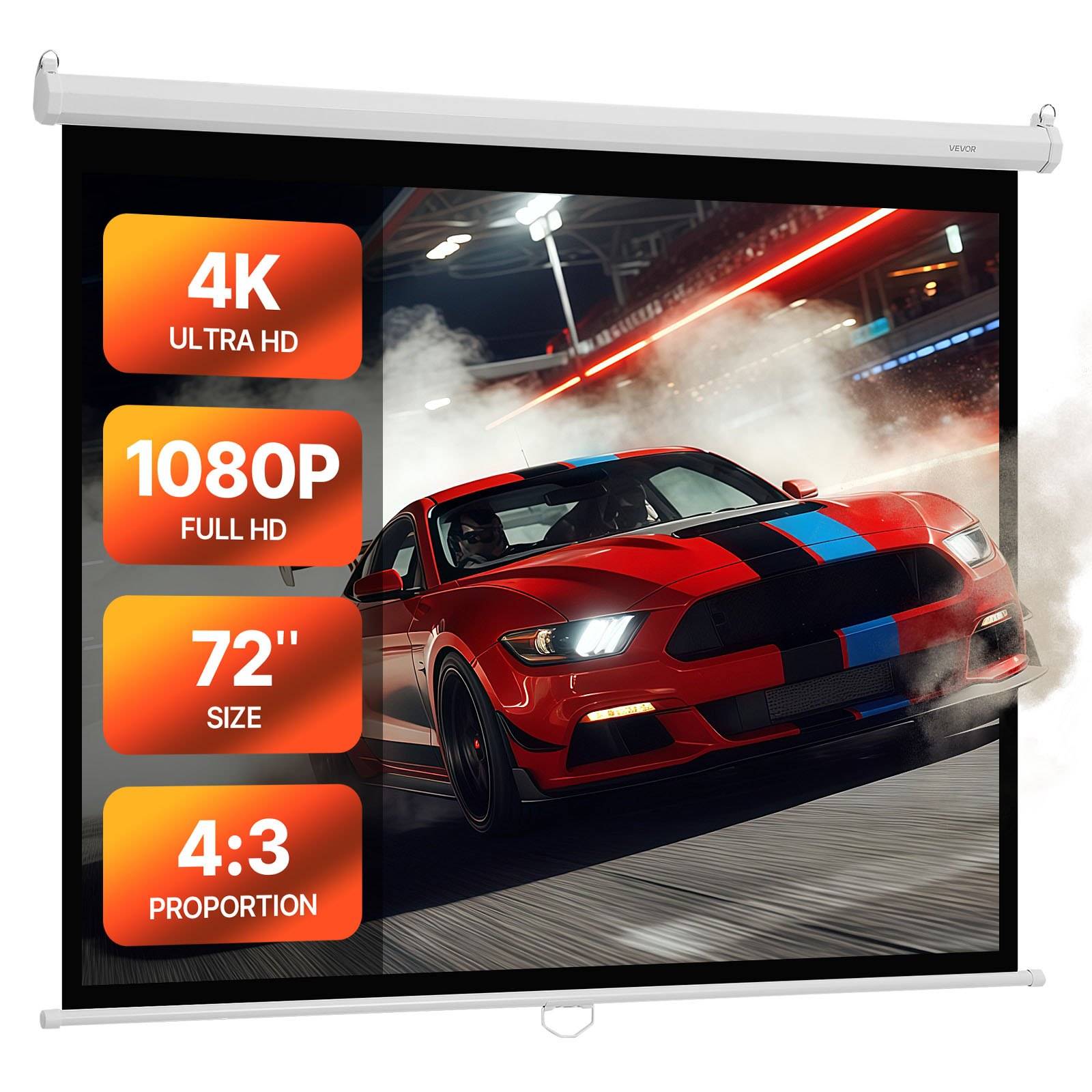 Projektionsleinwand mit Bild eines roten Sportwagens mit Beschriftungen für 4K Ultra HD, 1080P Full HD, 72-Zoll-Größe und 4:3-Seitenverhältnis.