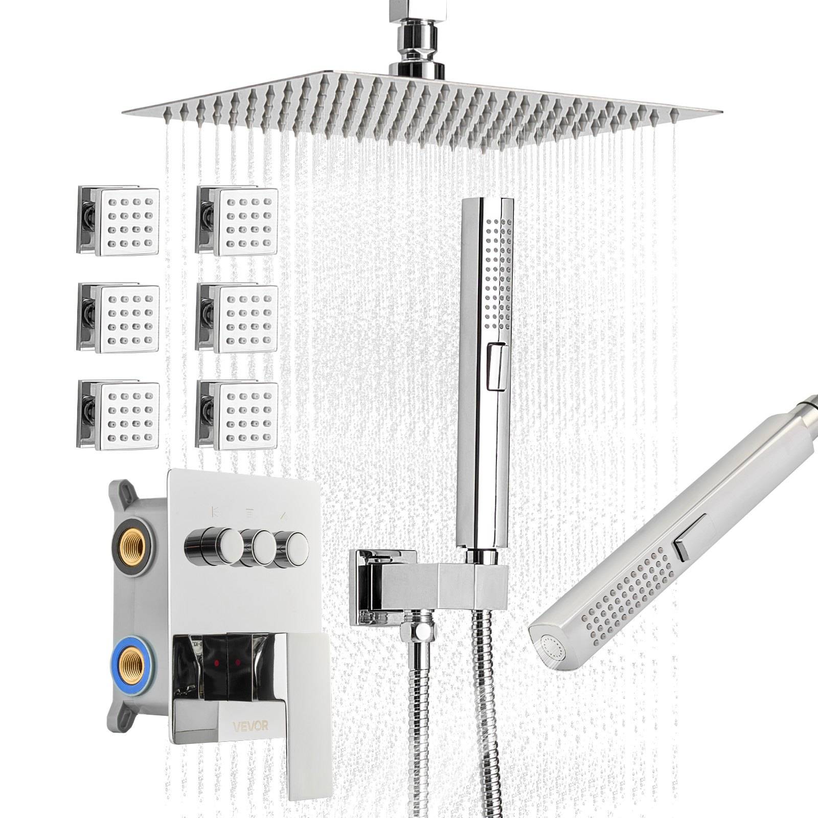Chromeduschen-System mit großem Regenkopf, tragbarem Handbrausenkopf, Wanddüsen und Steuerventil mit mehreren Sprühfunktionen.
