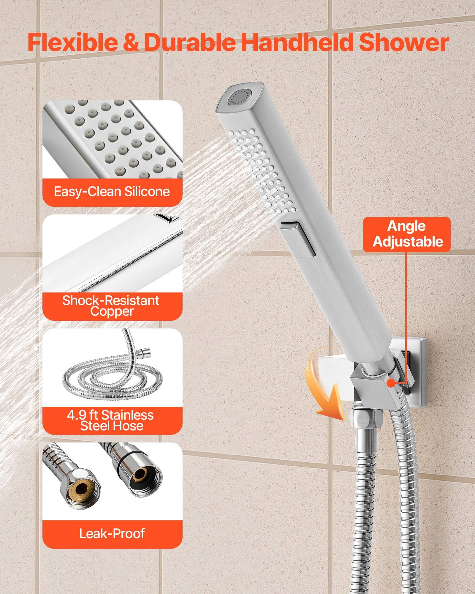 Werbebild eines flexiblen tragbaren Duschkopfs mit Beschriftungen für leicht zu reinigendes Silikon, stoßfestes Kupfer, 1,5 m Edelstahlschlauch, auslaufsicheres Design und verstellbarer Winkel.