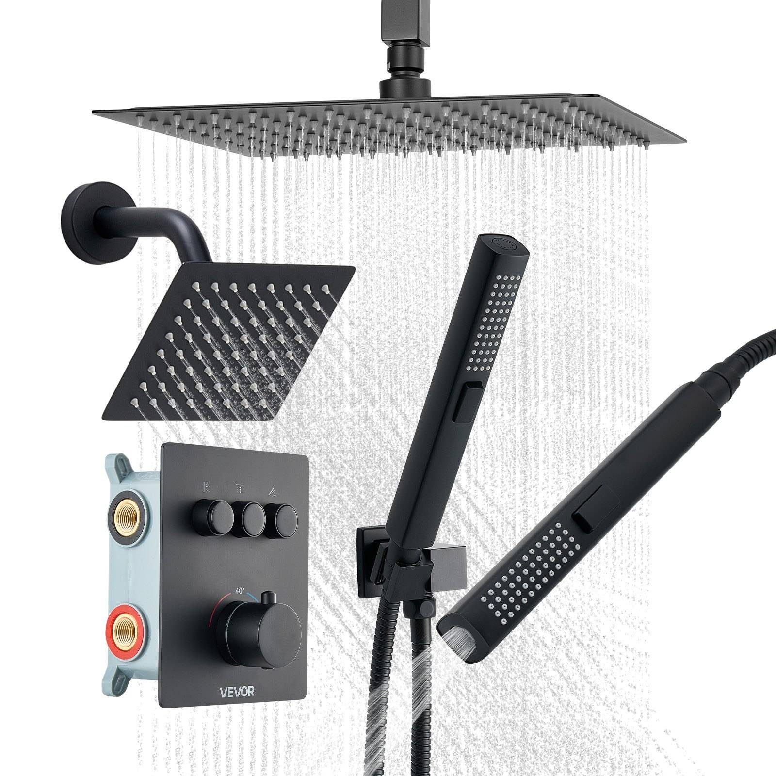 Schwarzes Regenduschsystem mit Deckenbrausekopf, Wandbrausekopf, tragbarem Spray und VEVOR-Bedienfeld auf weißem Hintergrund.