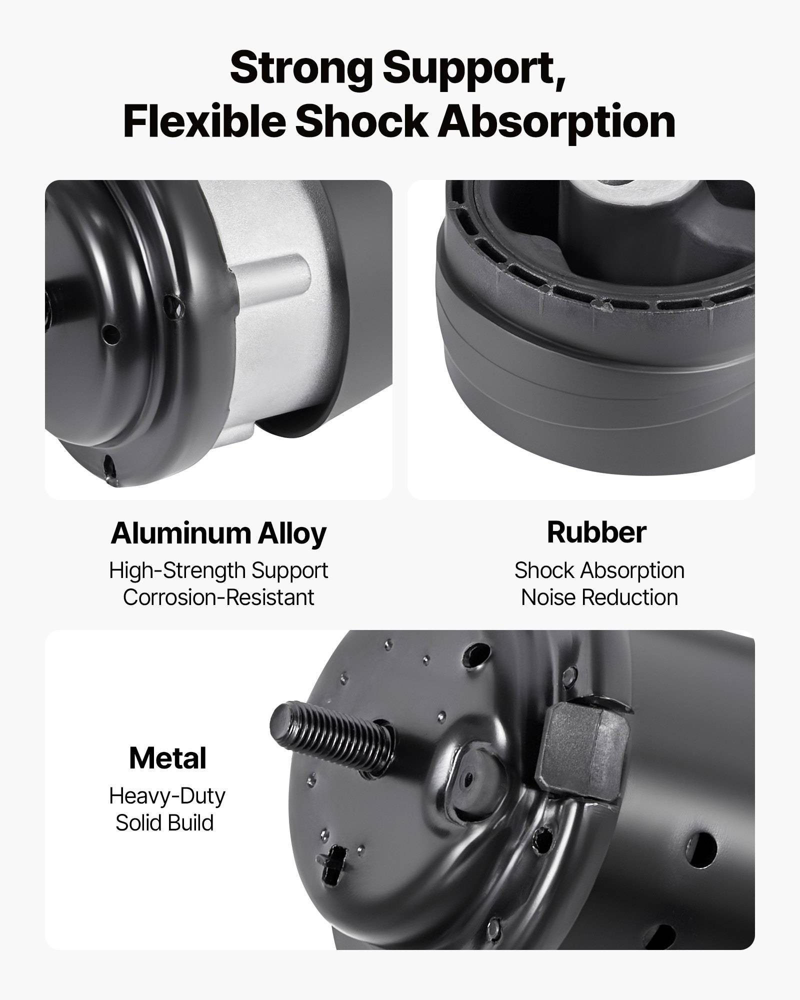 Produktgrafik zum Vergleich von Aluminium-Legierung, Gummi und Metallteilen für starke Unterstützung und Stoßdämpfung, wobei Korrosionsbeständigkeit, Lärmreduzierung und robuster Aufbau hervorgehoben werden.