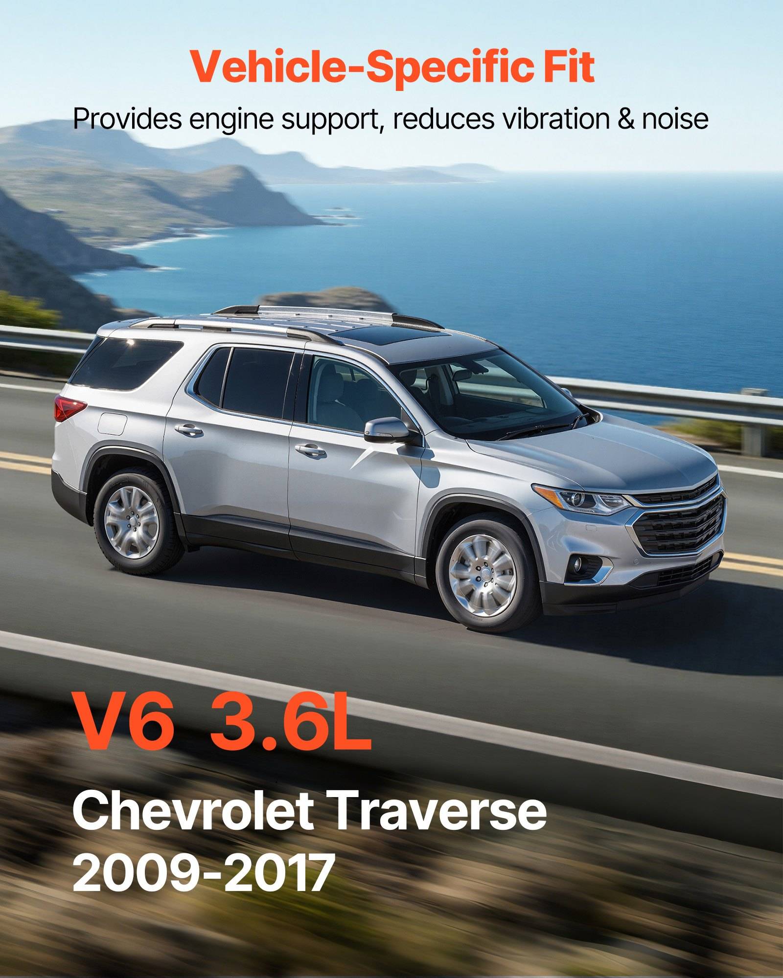 Silberner Chevrolet Traverse SUV, der auf einer Küstenstraße fährt, gekennzeichnet mit „Vehicle-Specific Fit" und „V6 3.6L Chevrolet Traverse 2009-2017."