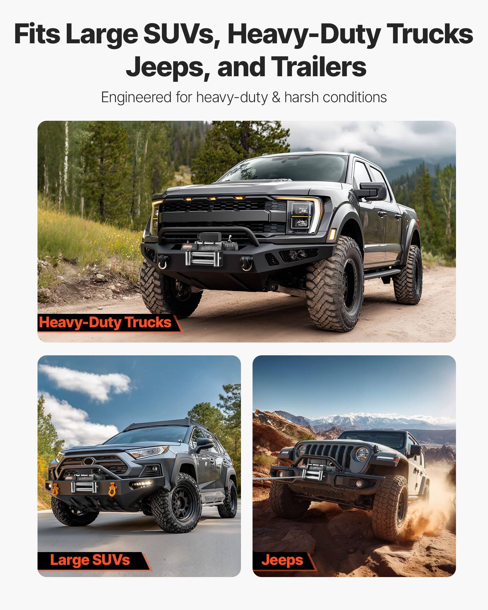 Anzeige mit Geländereifen für große SUVs, schwere Nutzfahrzeuge, Jeeps und Anhänger, mit drei Fahrzeugfotos mit den Bezeichnungen Schwere Nutzfahrzeuge, Große SUVs und Jeeps.