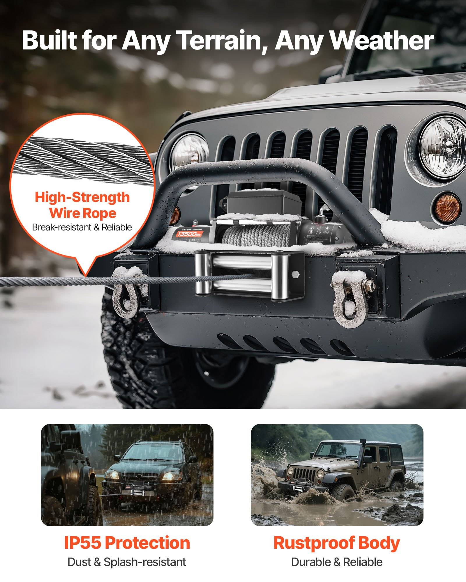 Geländewagen-Werbung zeigt Winde und vordere Stoßstange im Schnee, mit Beschriftungen für „Hochfestes Stahlseil", „IP55-Schutz"" und „Rostfreier Karosserie"" für Allgeländegebrauch.