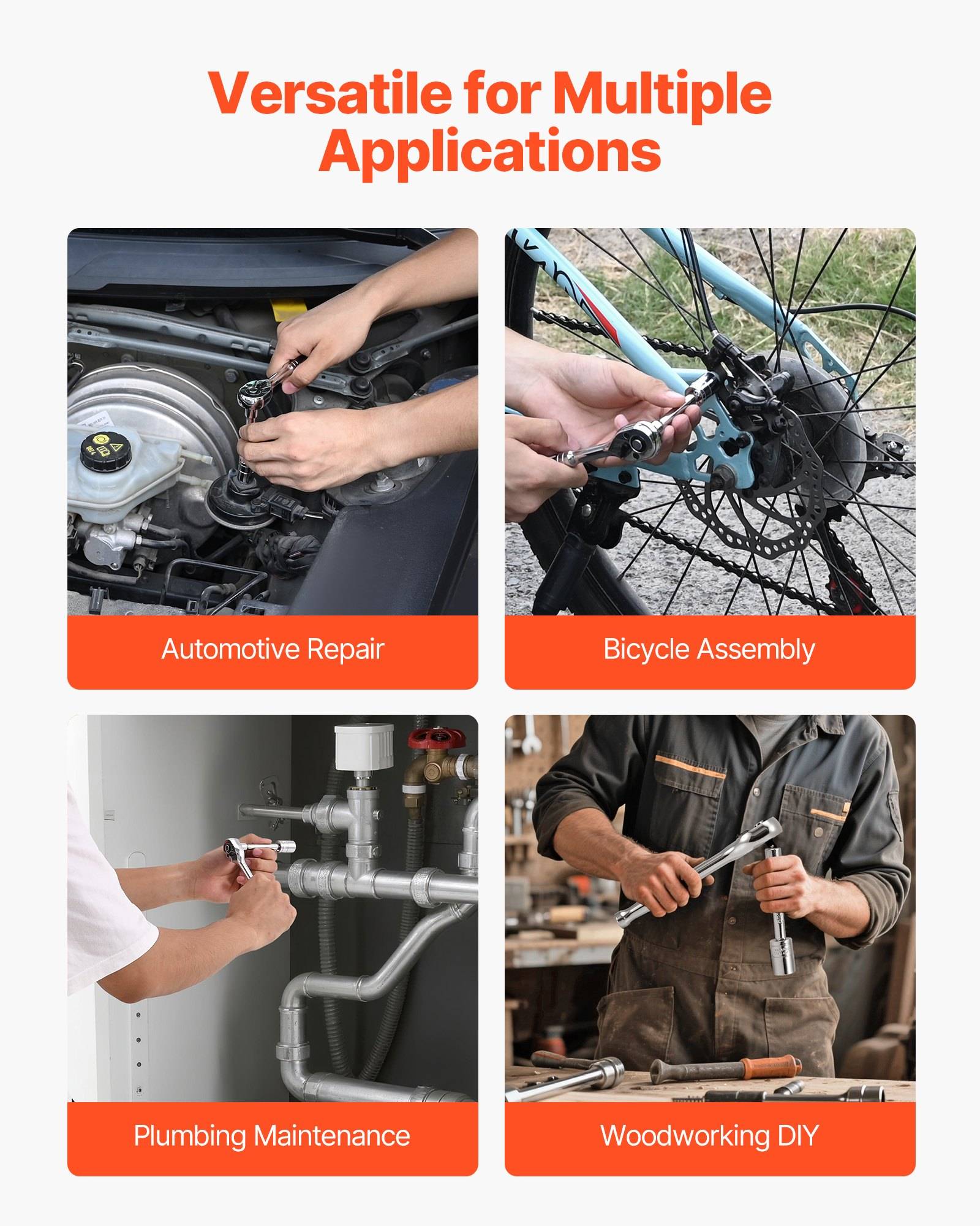 Collage mit dem Titel „Vielseitig für mehrere Anwendungen" mit vier Einsätzen: Autoreparatur, Fahrradmontage, Sanitärwartung und Heimwerker-Holzbearbeitung.
