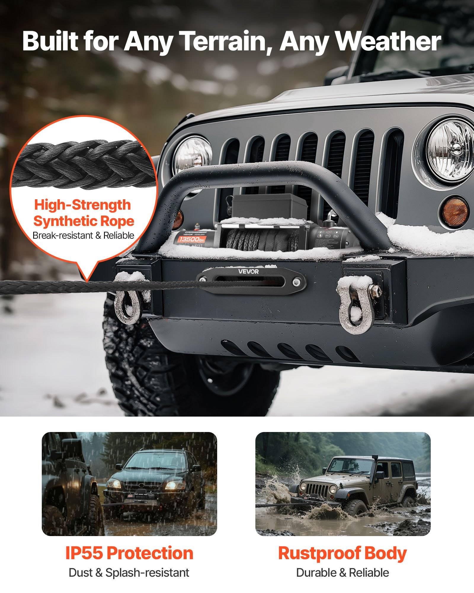 Werbebild eines Jeep im Schnee mit einer vorderen Winde; Der Text hebt "Gebaut für jeden Untergrund, jedes Wetter"" hervor, hochfestes synthetisches Seil, IP55-Schutz und rostfreier Körper.