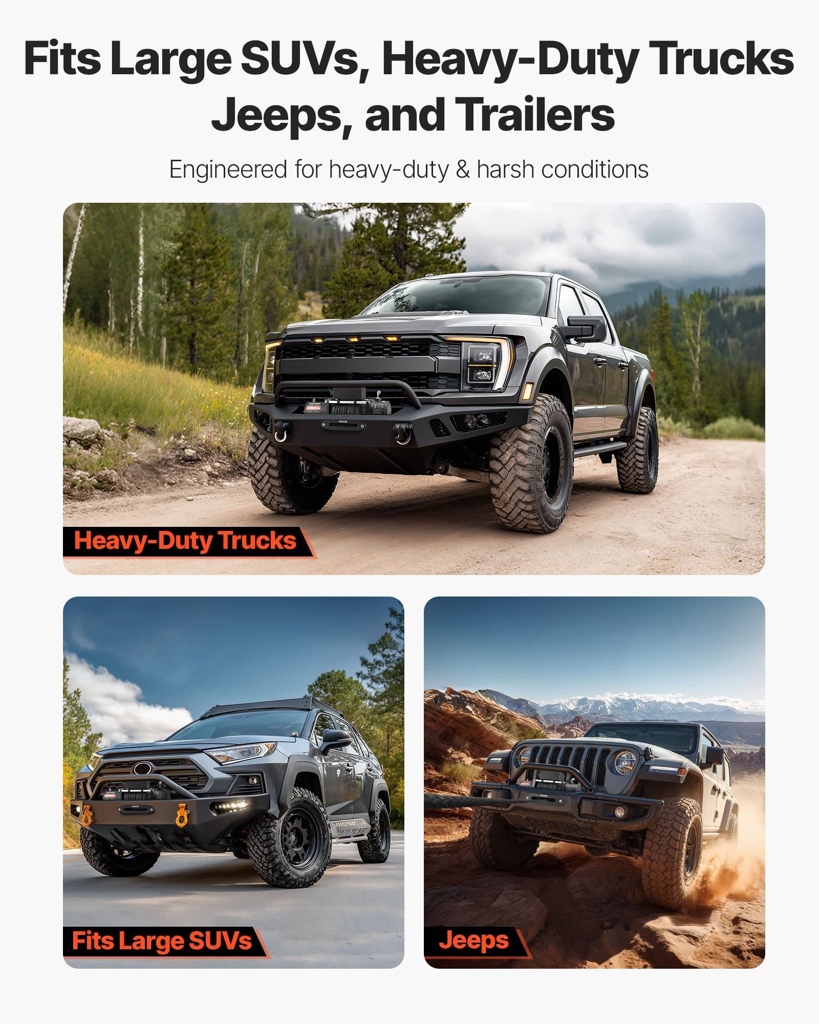 Werbegrafik mit robusten Offroad-Abschleppösen/Zubehörteilen, die für große SUVs, schwere Lastwagen, Jeeps und Anhänger geeignet sind, mit drei Fahrzeugfotos.