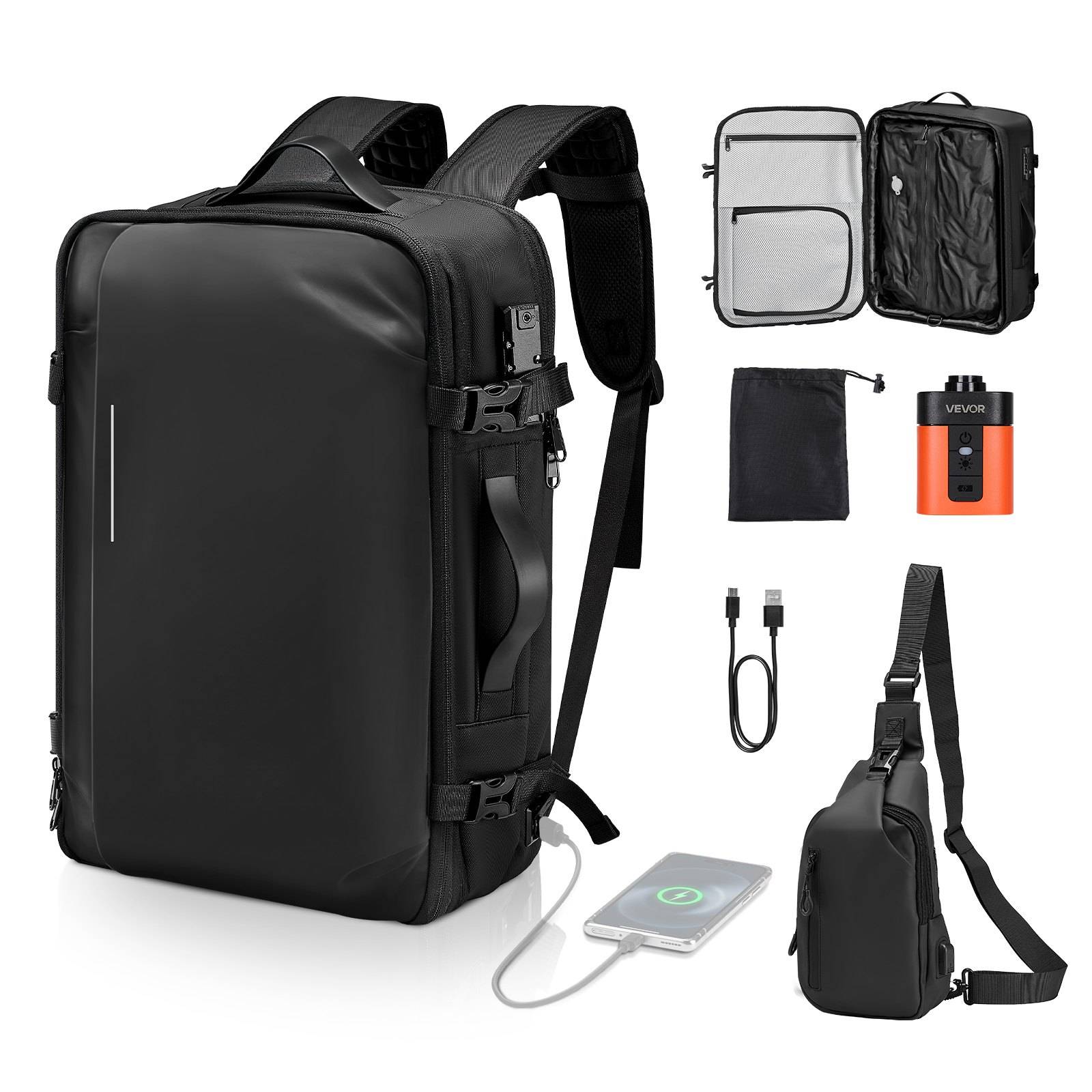Schwarzer Diebstahlschutz-Rucksack mit USB-Ladeanschluss, abgebildet mit inneren Fächern, Tasche, Kabel, Powerbank und kleiner Umhängetasche.