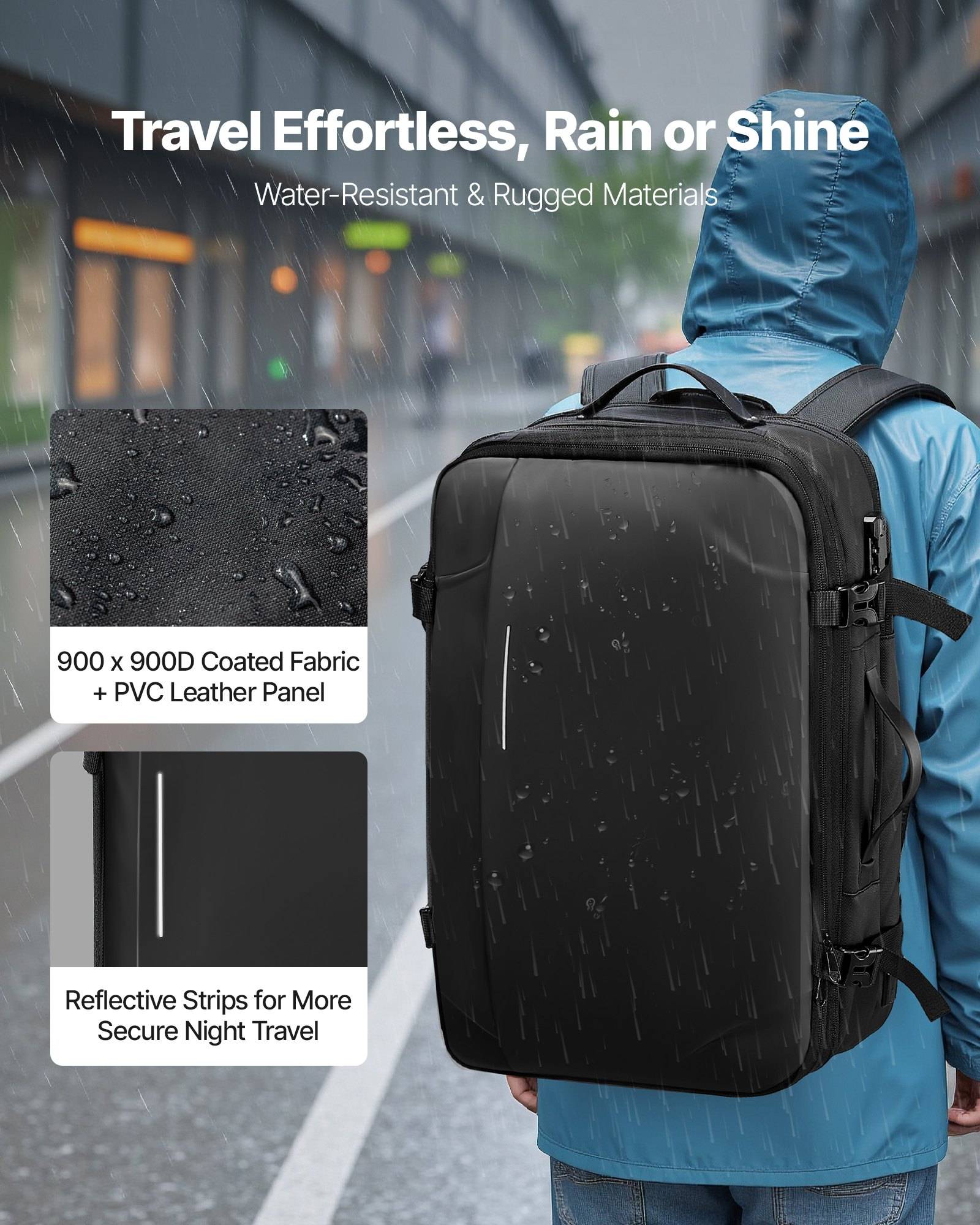 Werbebild einer Person, die eine blaue Regenjacke mit Kapuze und einen schwarzen Rucksack im Regen trägt, mit Hervorhebung von wasserbeständigen, robusten Materialien, reflektierenden Streifen und „900 x 900D beschichtetes Gewebe + PVC-Lederpaneel".