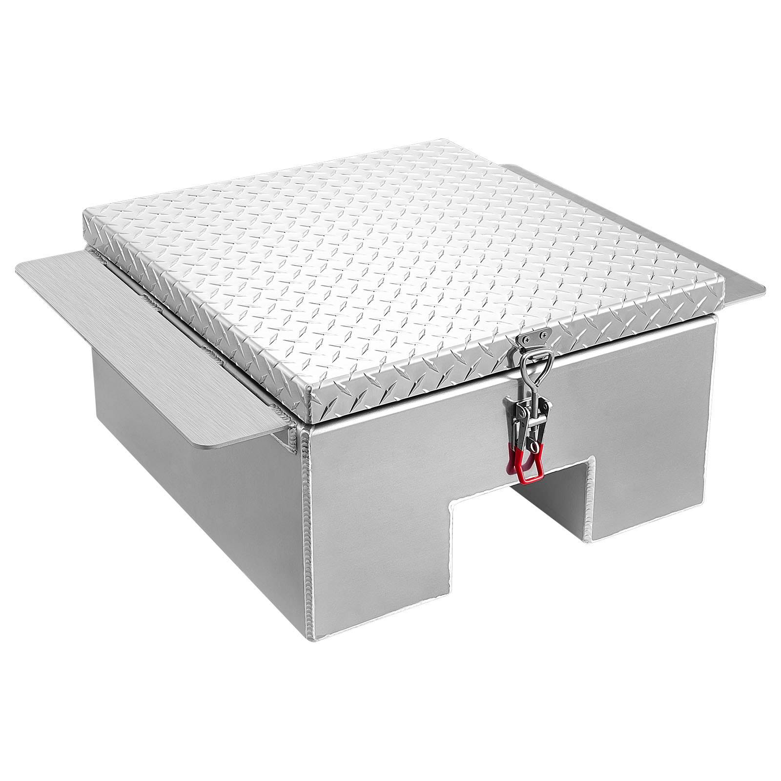 Silberne Aluminium-LKW-Werkzeugkiste mit Riffelblech-Deckel, Seitengriffen und einer vorderen Verschlussklammer