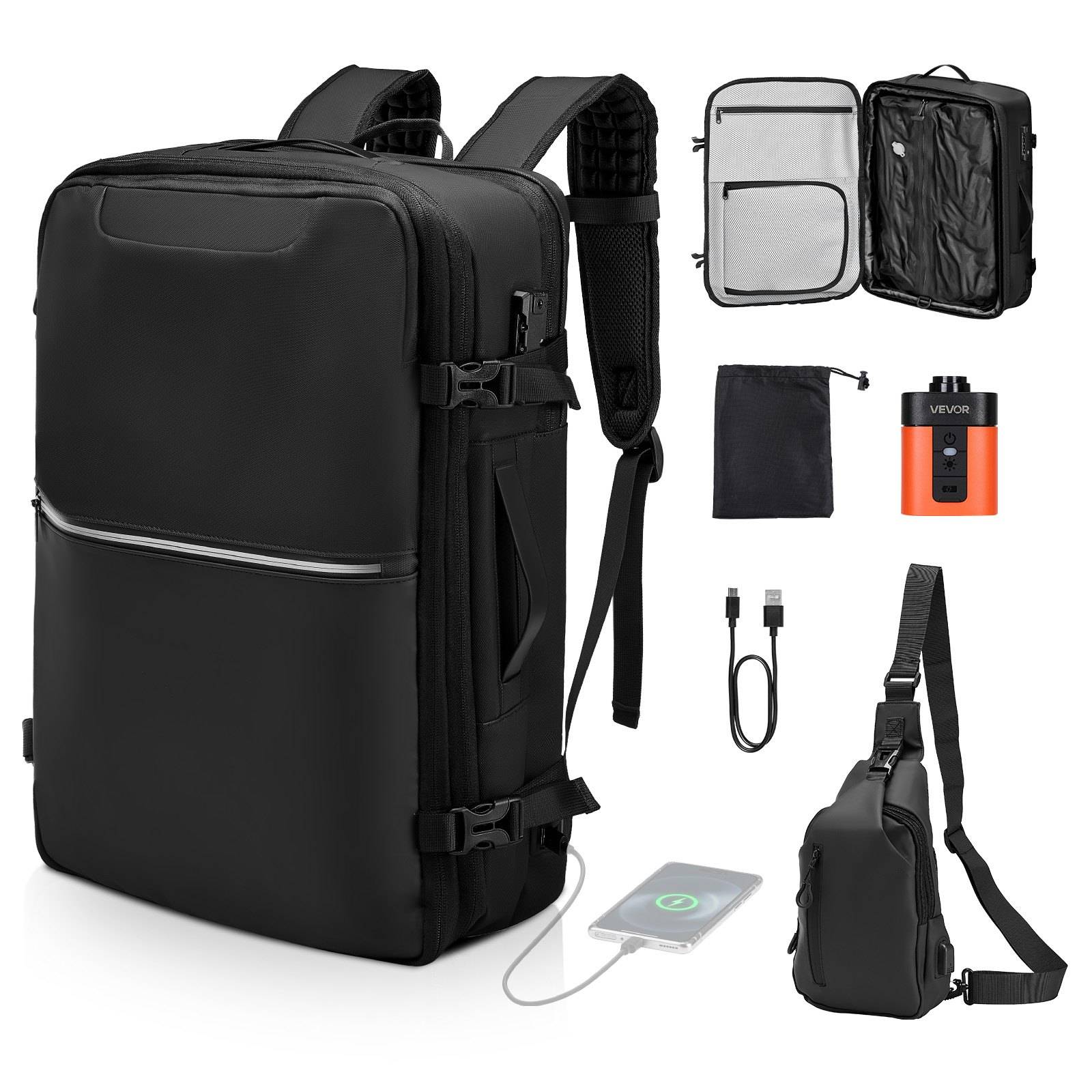 Schwarzer robuster Rucksack mit Hartschale und mehreren Fächern, abgebildet mit enthältenem Zubehör: Tasche, USB-Kabel, Akku und eine kleine Schultertasche.