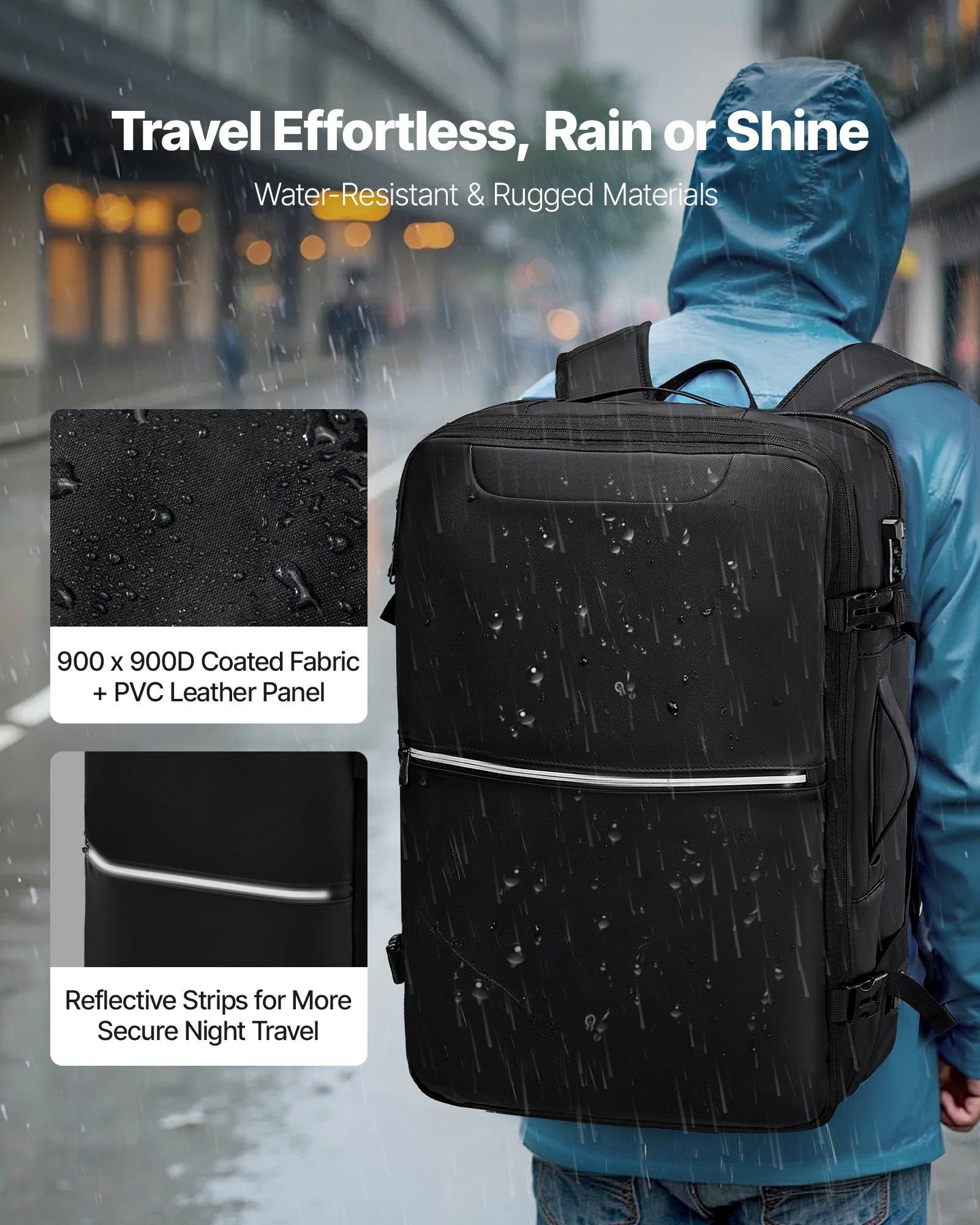 Reisewerbung bei Regen mit einer Person mit schwarzem Rucksack; der Text lautet „Mühelos reisen, Regen oder Sonne" und „Wasser- und robuste Materialien"", die beschichtete Stoffe, PVC-Paneele und reflektierende Streifen hervorheben.