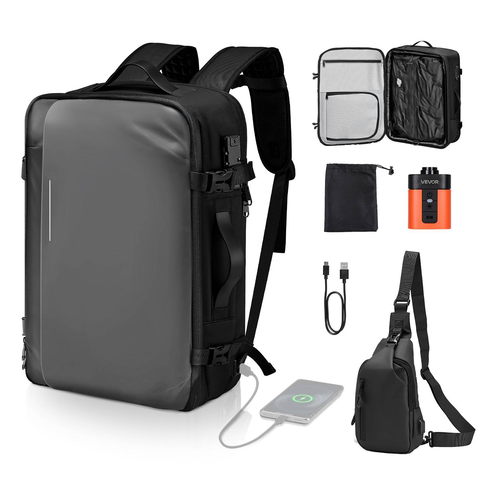 Grauer und schwarzer Sling-Rucksack mit USB-Ladeanschluss, gezeigt mit offenem Innenraum, Kabel, Akku, Beutel und Seitenansicht der Tasche.