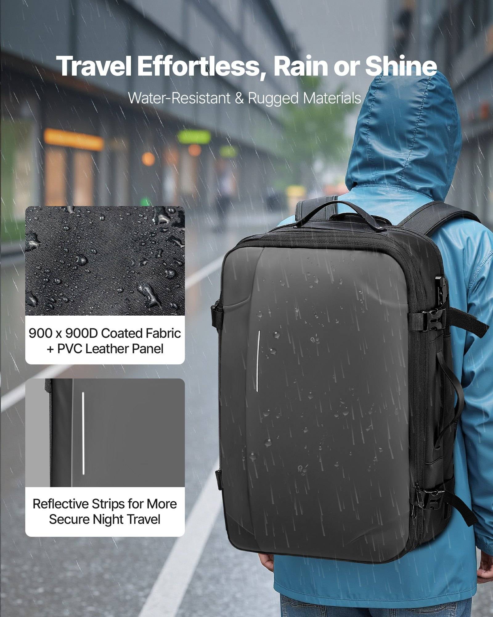 Regenfest Rucksack in der Werbung, der eine Person in einer blauen Jacke mit einem schwarzen Rucksack zeigt, mit dem Text: „Mühelos reisen, bei Regen oder Sonnenschein" und „Wasserbeständige und robuste Materialien"".