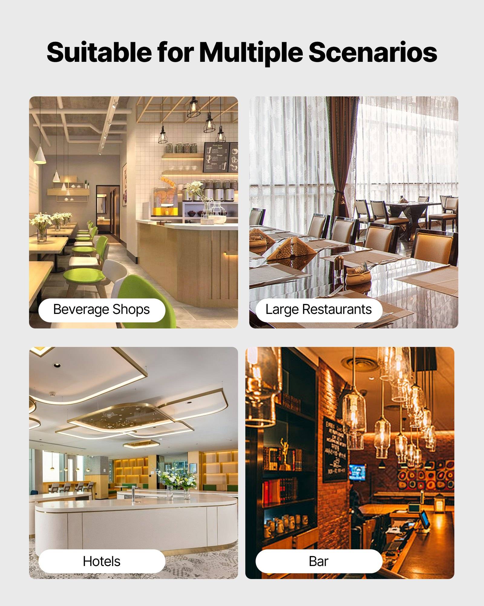 Vierteiliges Kollage mit dem Titel „Geeignet für mehrere Szenarien" mit Inneneinrichtungen mit den Bezeichnungen Getränkeshops, Große Restaurants, Hotels und Bar.