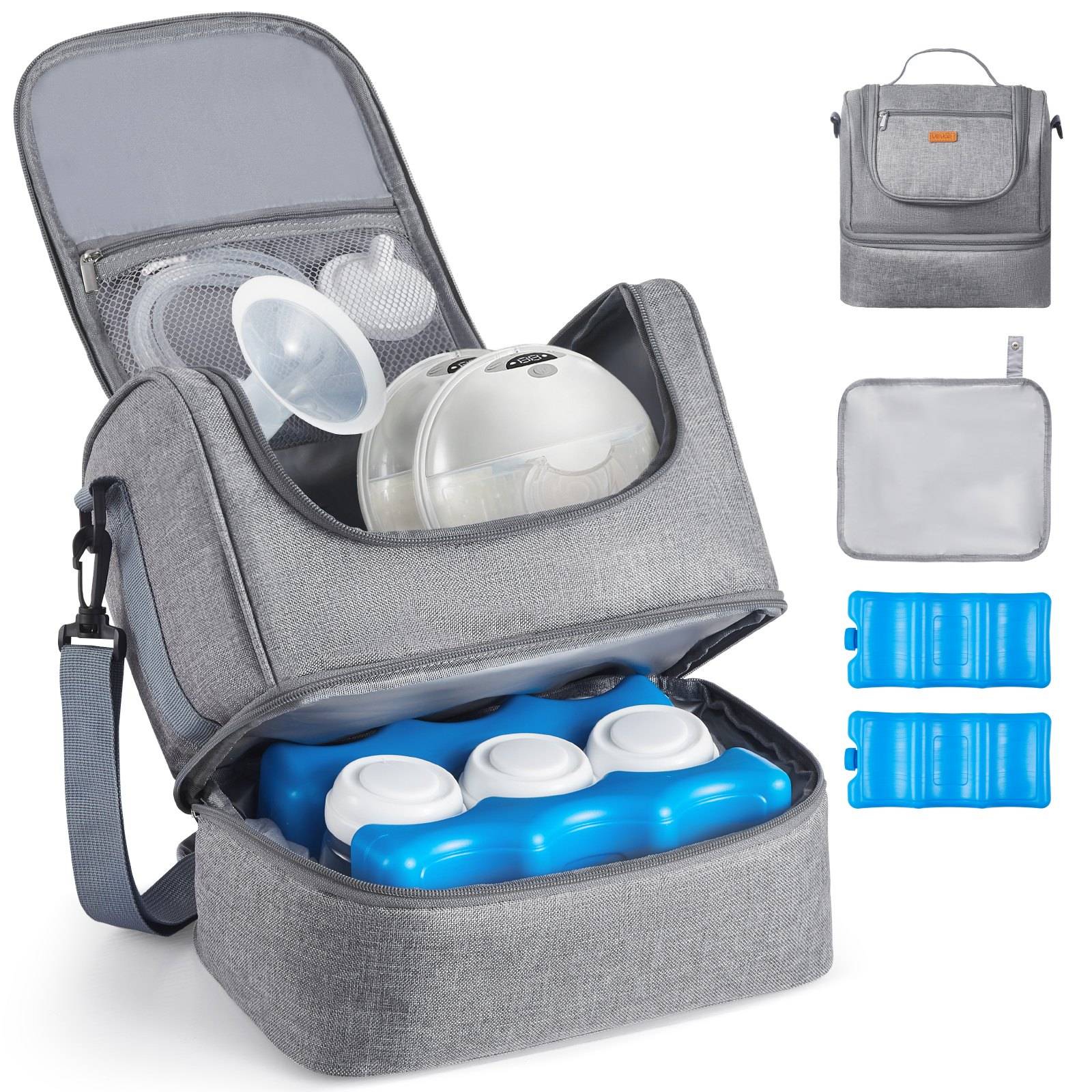 Graue isolierte Tasche mit Schultergurt, geöffnet dargestellt und ein Brustp umpen-Set sowie blaue Kühlakku halternd; kleinere Ansichten zeigen die geschlossene Tasche, einen Einsatz und Kühlaakkus.