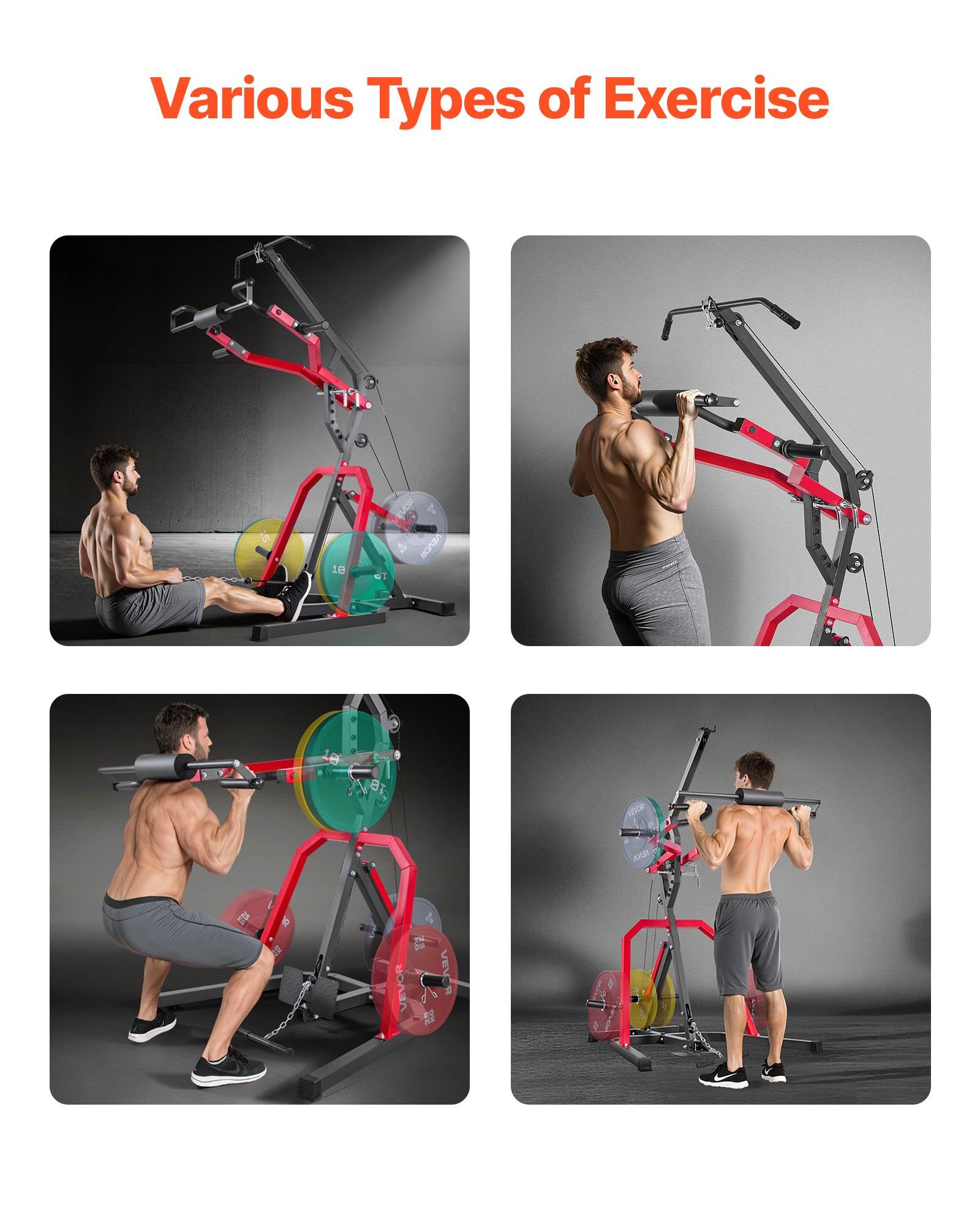 Collage mit dem Titel „Verschiedene Arten von Übungen" zeigt vier Fotos eines Mannes, der eine rote Krafttrainingsmaschine in verschiedenen Positionen nutzt: sitzend, stehend, in der Hocke und von hinten.