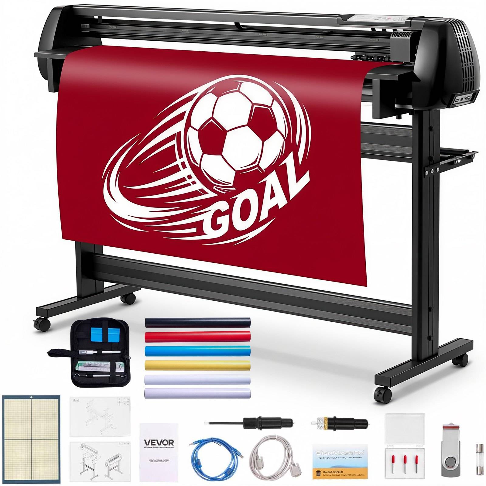 Großformatdrucker druckt ein rotes Banner mit einem Fußball und dem Wort „GOAL