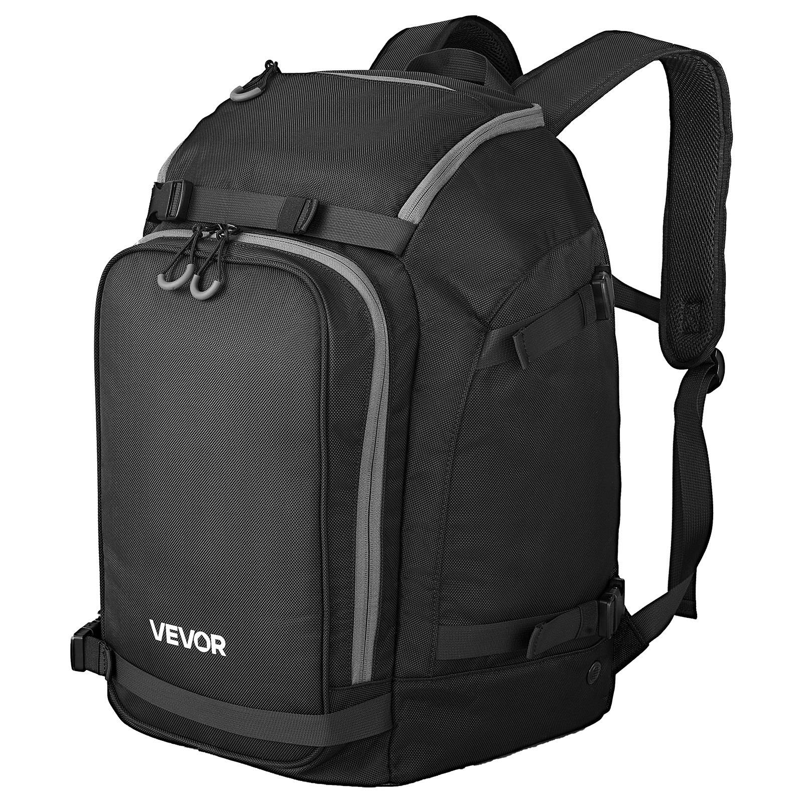 Schwarzer VEVOR Rucksack mit Frontreisverschlusstasche, Griff oben, gepolsterten Schultergurten und seitlichen Kompressionsgurten auf weißem Hintergrund.