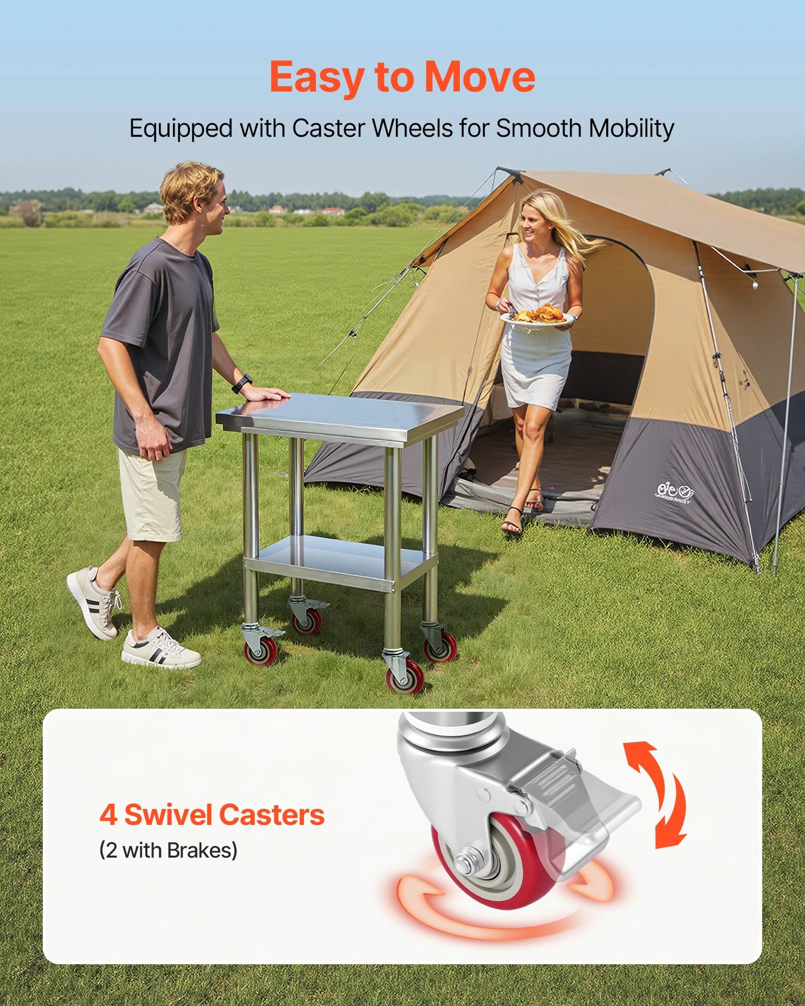 Outdoor-Camping-Promotion zeigt einen Klapptisch auf vier schwenkbaren Lenkrollen, der neben einem Zelt bewegt wird, mit dem Text „Leicht zu bewegen