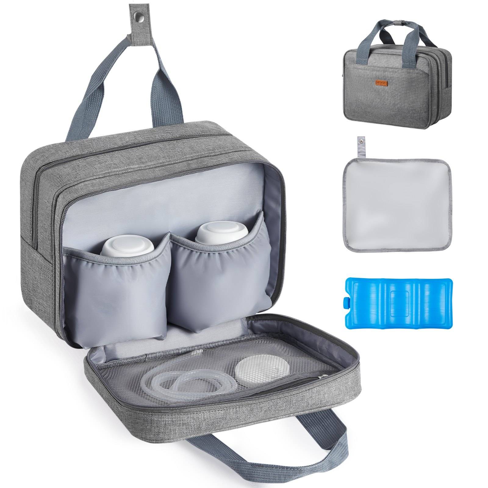Graue Hänge-Reise-Toilettentasche, geöffnet dargestellt, mit zwei Flaschenöffnungen, Netzfach und beigelegtem blauem Einlegekissen; Detailansichten zeigen die geschlossene Tasche und das innere Futter.