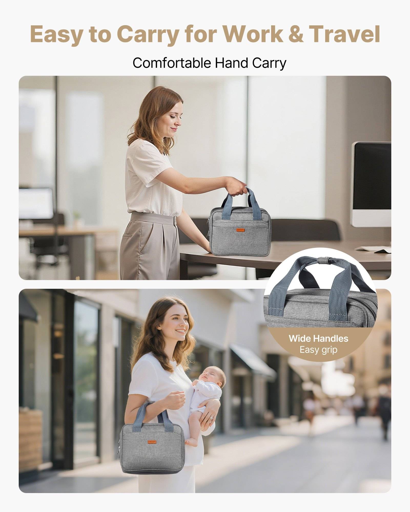 Werbebild einer grauen isolierten Tragetasche für Arbeit und Reisen, die von einer Frau in der Hand getragen wird; die Einblendung zeigt breite Griffe für einfaches Greifen.