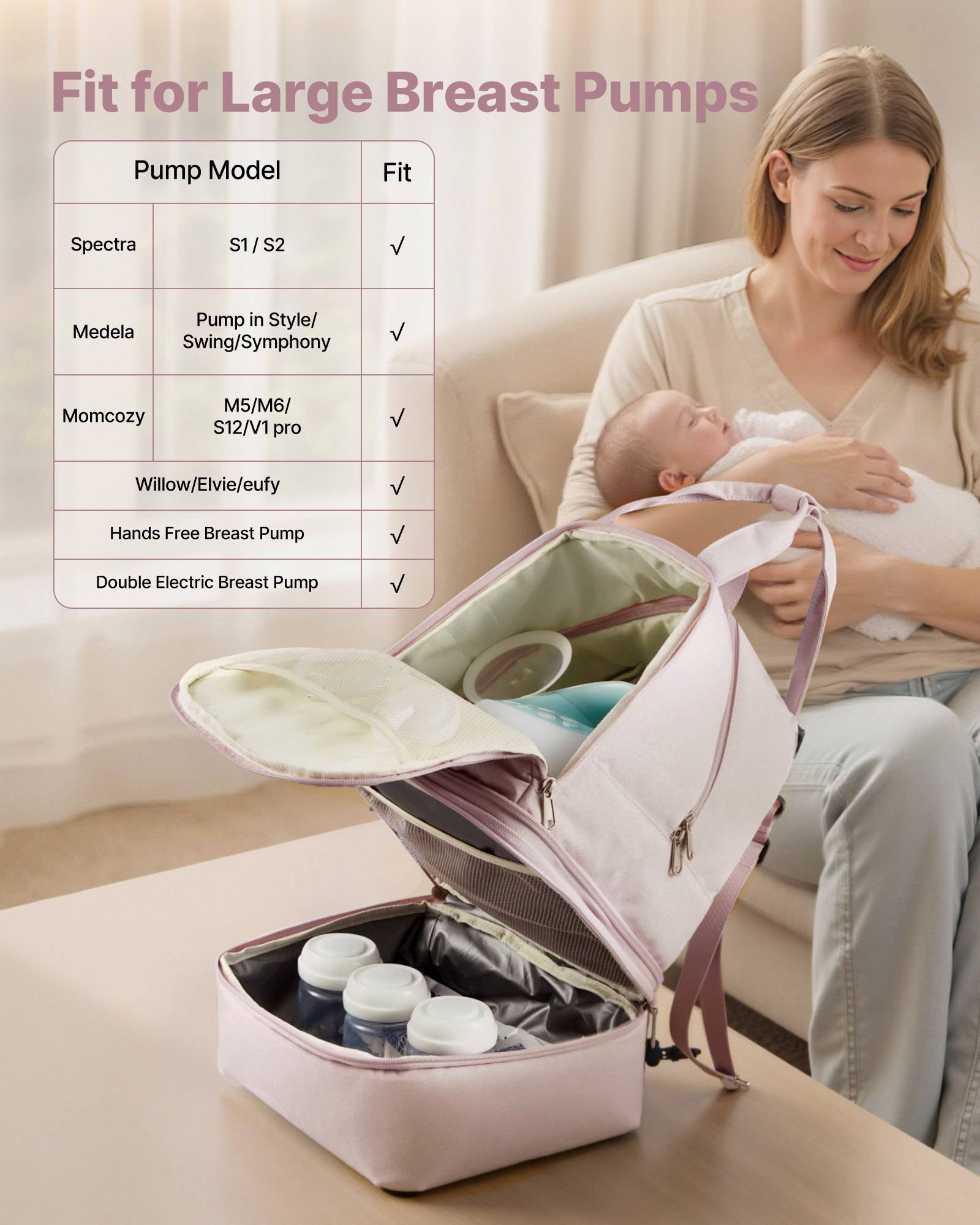 Werbebild einer Stillpumpentasche mit der Aufschrift „Geeignet für große Stillpumpen", mit einer Tabelle, die kompatible Modelle zeigt, und einer Mutter, die ein Baby im Hintergrund hält.