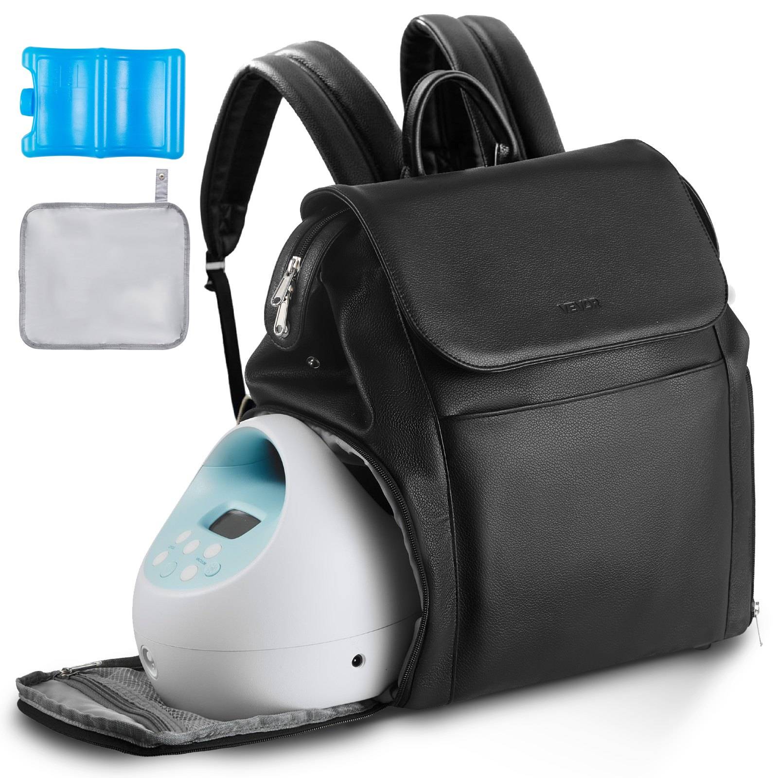 Schwarzer Rucksack mit offenreichem Vorderfach, das ein tragbares weißes Gerät zeigt; mit blauem Gel-Pack und grauem Beutel-Zubehör.