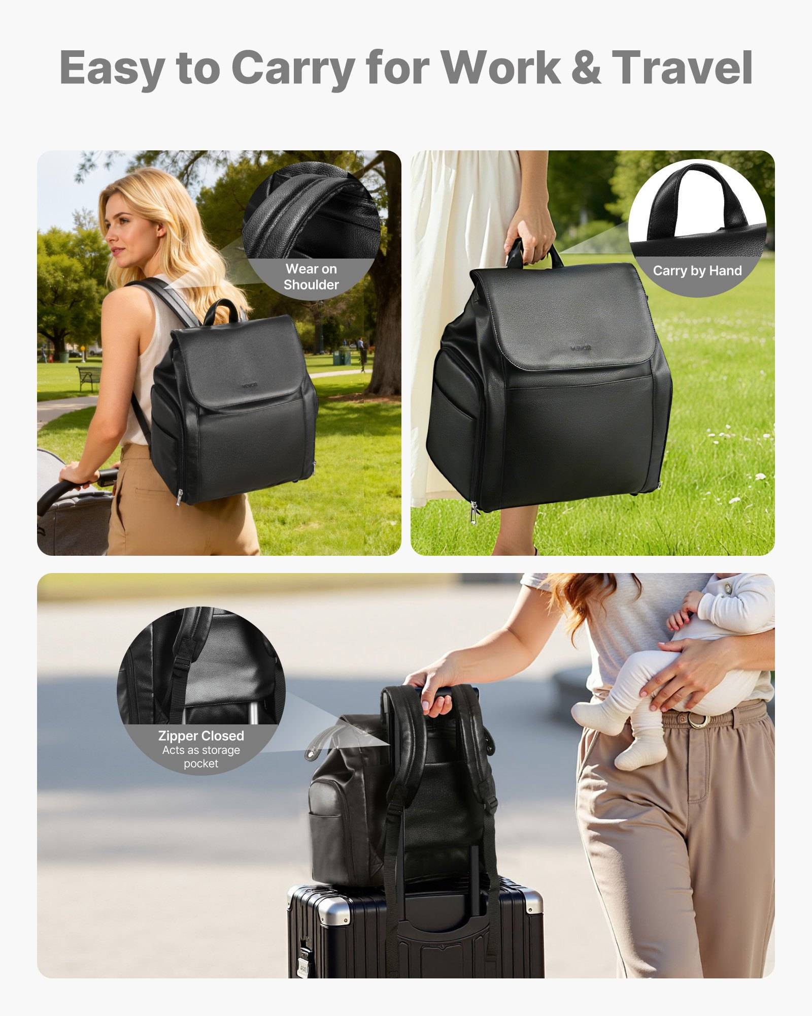 Werbebild eines schwarzen Rucksacks, der über der Schulter getragen, von Hand getragen und an Gepäck befestigt wird, was die einfache Handhabung für Arbeit und Reisen unterstreicht.
