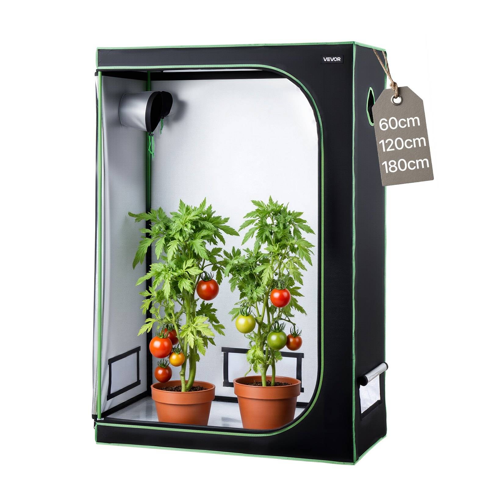 Tragbares Innenzelt zum Anbauen mit zwei topfigen Tomatenpflanzen, Lüftungsöffnung und Größenetikett mit Angaben von 60 cm, 120 cm, 180 cm.