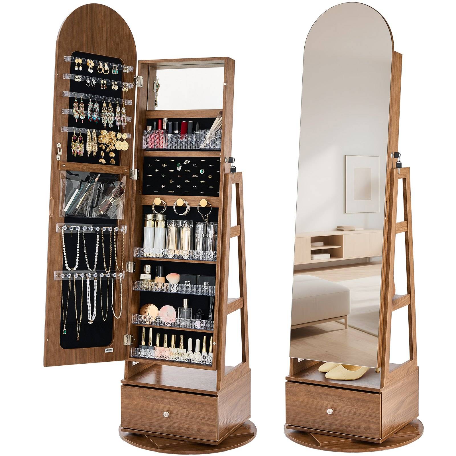 Holz-Schmuckschrank mit Ganzkörperspiegel, offene Tür zeigt Ohrringe-, Halsketten- und Make-up-Lagerung, plus Schublade und Basisregal.